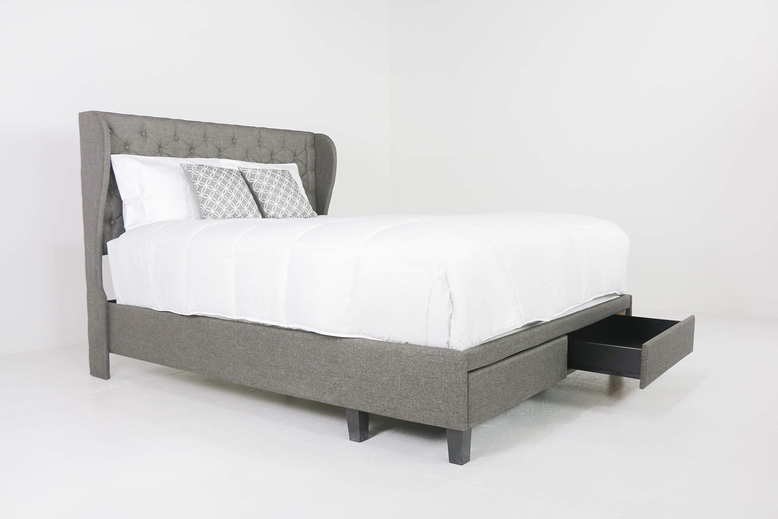 Grey Tufted Upholstered Platform Bed with Drawer Storage & Slatted Headboard - 51