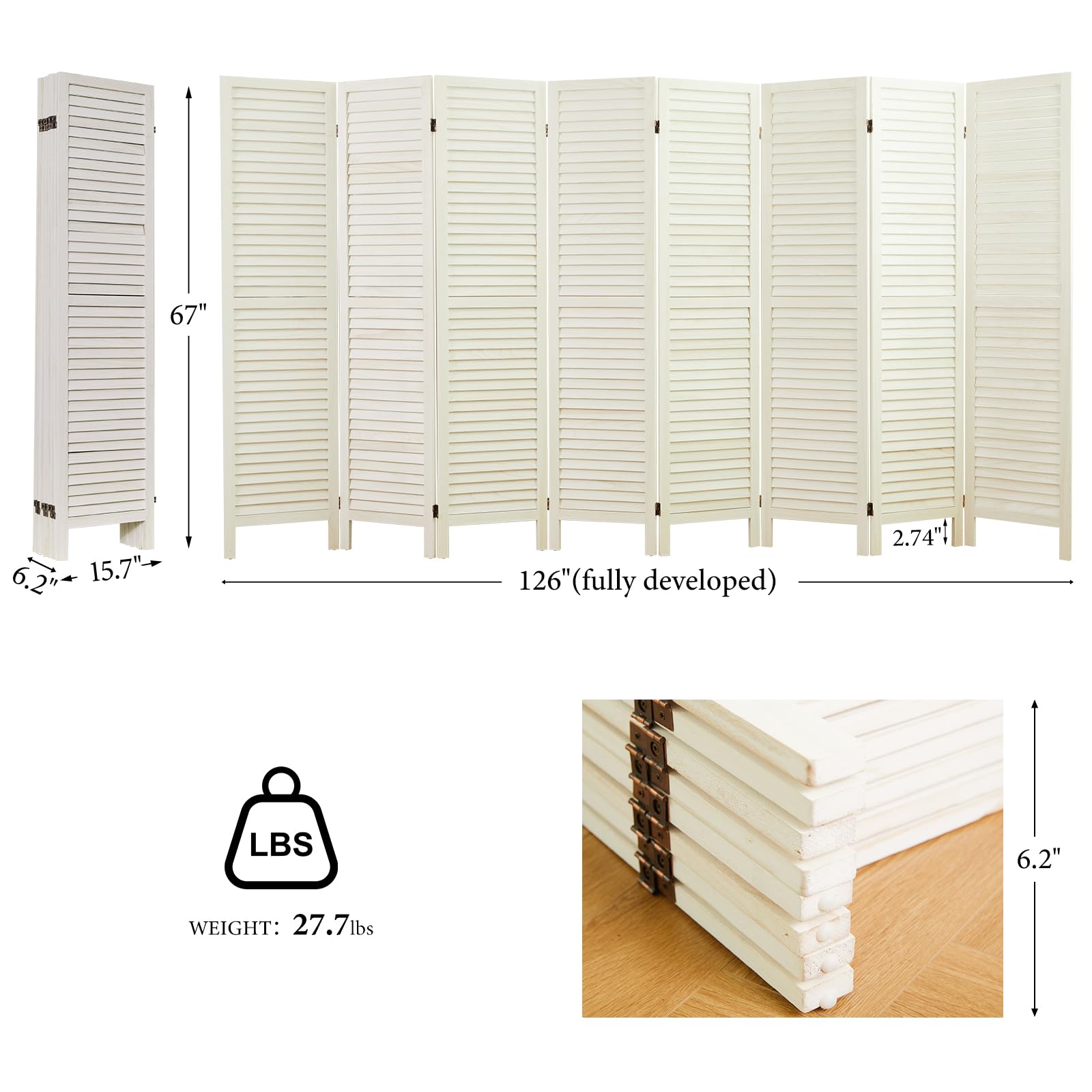 Wooden Room Dividers & Folding Privacy Screens - 8 Panel Louvered Partition Wall for Home Office, Bedroom, Studio - White Washed Finish for Modern Décor & Space Separation