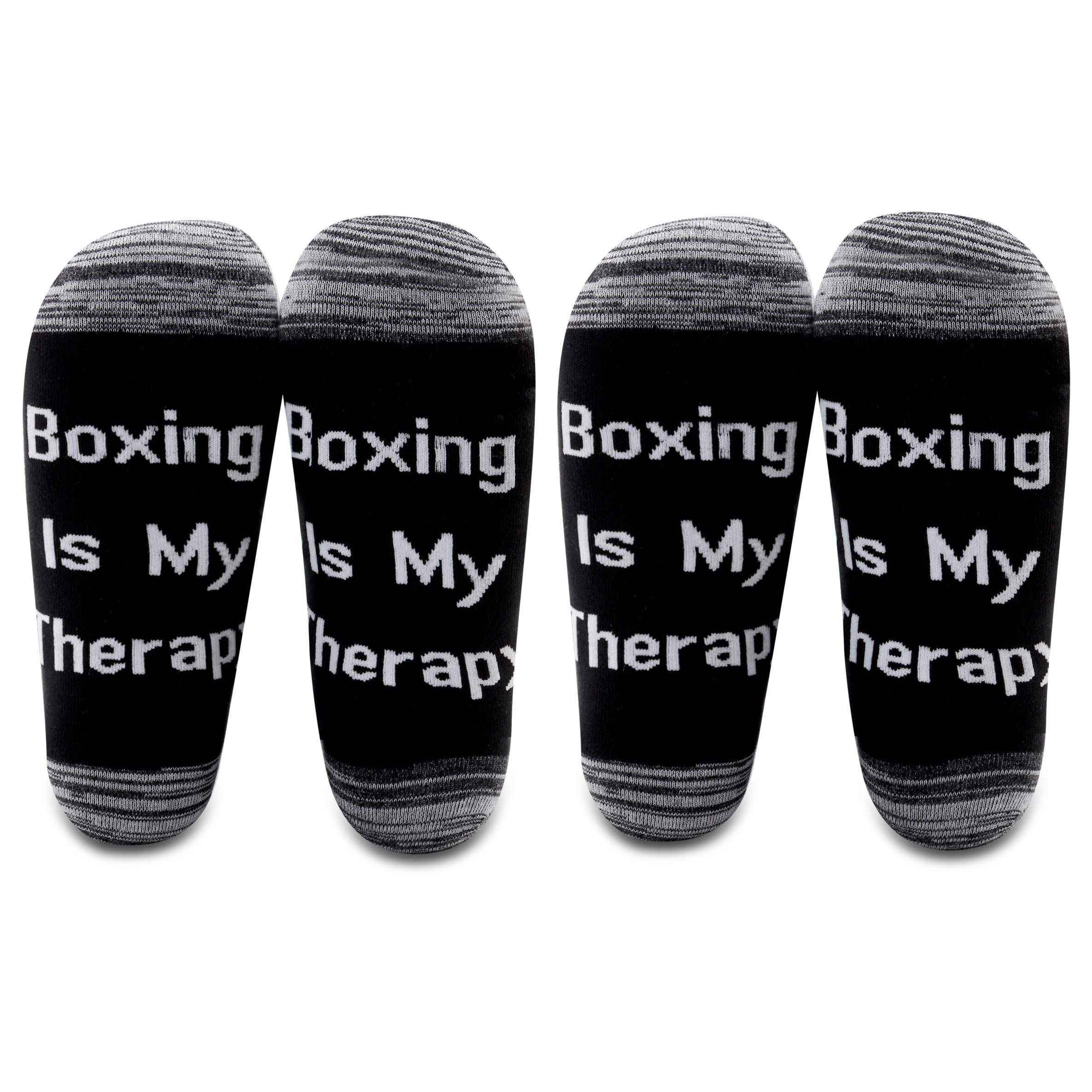 LEVLO Boxer Fans Gift - Boxing is My Therapy Cotton Socks (2 Pairs/Set, Mid Calf) - Inspirational Gifts for Boxing Lovers & Coaches - Perfect for Training, Gyms & Boxing Enthusiasts