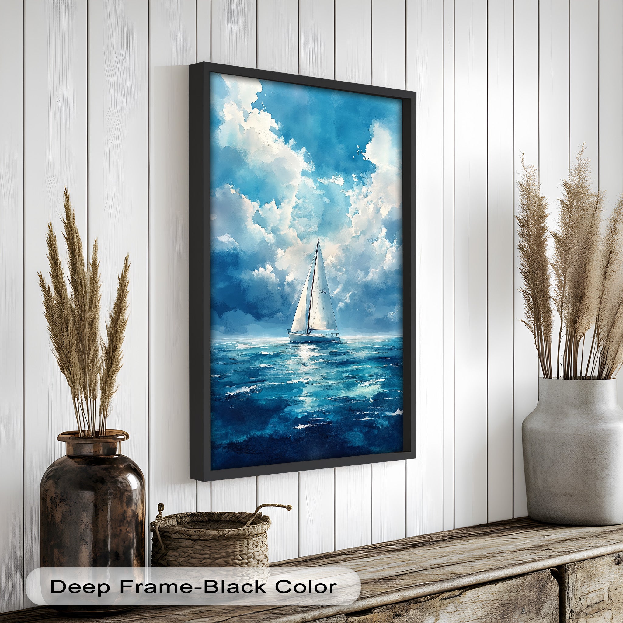 Blue Sky White Sailboat Oil Painting - Handmade Nautical Wall Art for Living Room, Bedroom & Office Decor