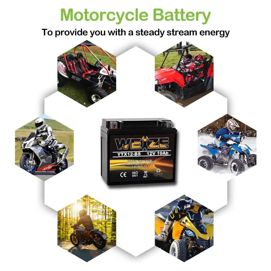 WEIZE YTX12-BS 12V 10Ah AGM Sealed Motorcycle Battery - Maintenance Free, High Performance, Rechargeable ATV Battery Compatible with Honda, Kawasaki, Suzuki - Perfect for Off-Road, Dirt Bikes & Powersports Vehicles