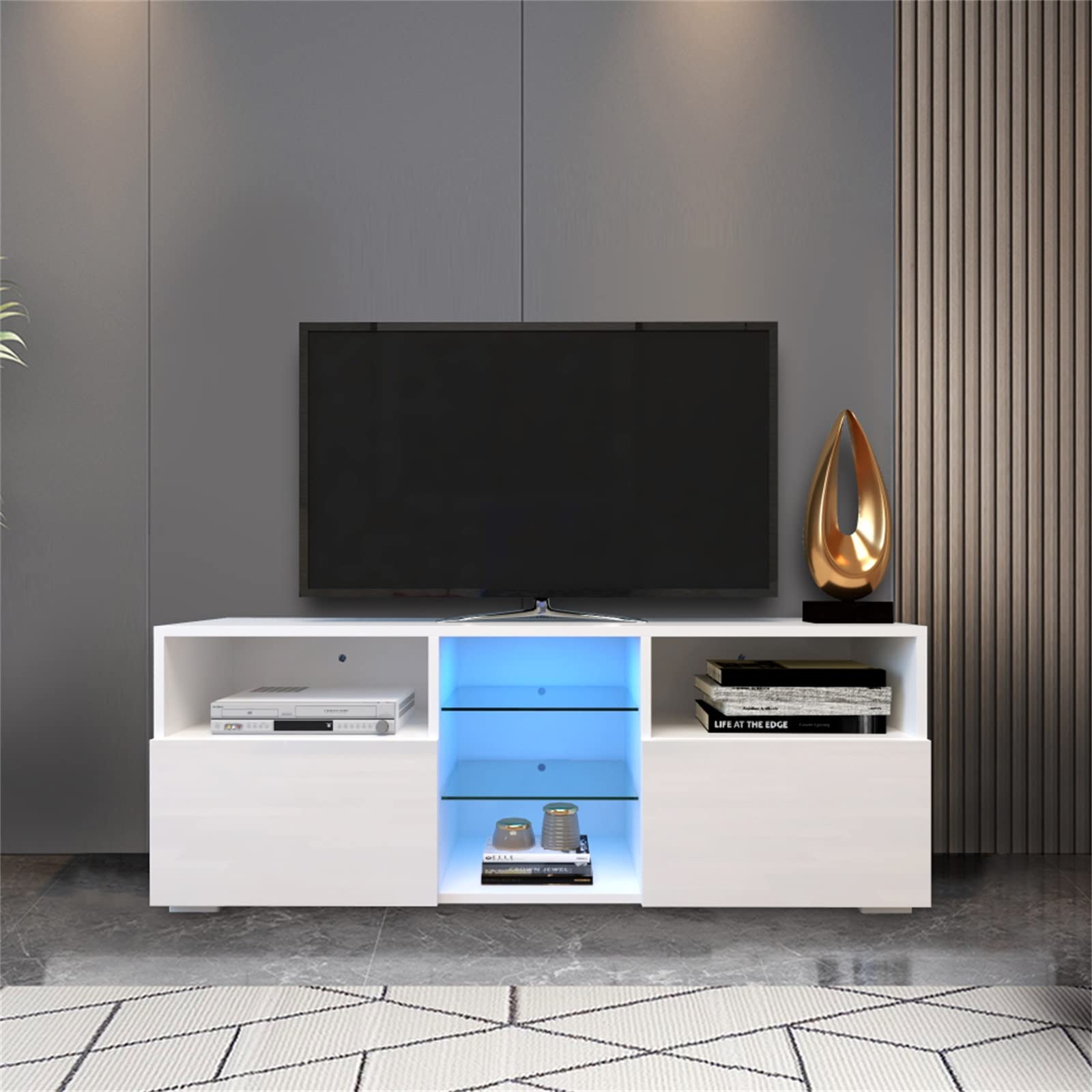 Holaki 55 Inch Modern TV Stand with 16 Color LED Lights - Wood Media Console Entertainment Center with Storage, 2 Doors & 3 Open Shelves - Perfect for Living Room, Bedroom, Home Theater (White)