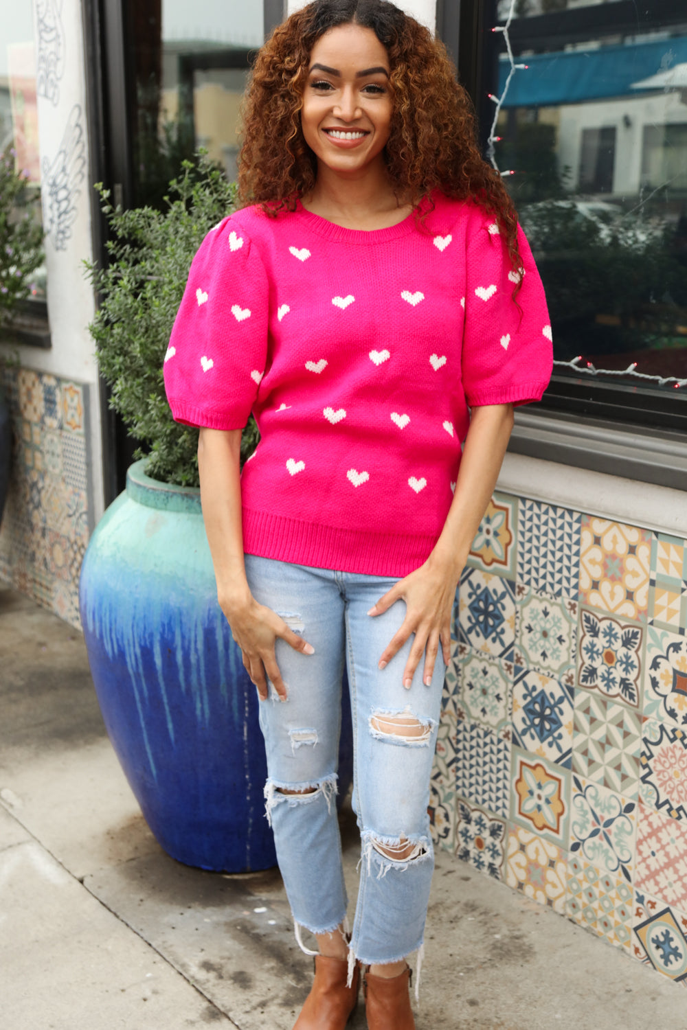 Be Mine Pink & White Heart Oversized Jacquard Sweater | Women's Valentine's Day Knit Pullover | Cozy Winter Fashion for Date Night & Casual Outings