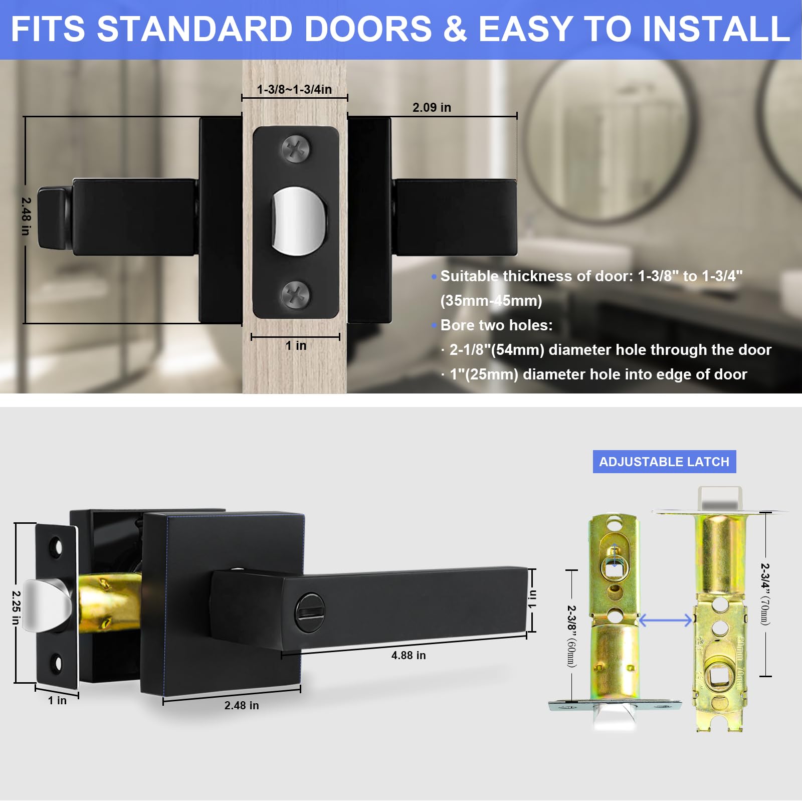 8 Pack Matte Black Privacy Door Levers - Heavy Duty Bed & Bath Door Handles with Keyless Interior Locksets, Reversible for Left/Right Handed Doors - Perfect for Bedrooms, Bathrooms & Home Privacy Security
