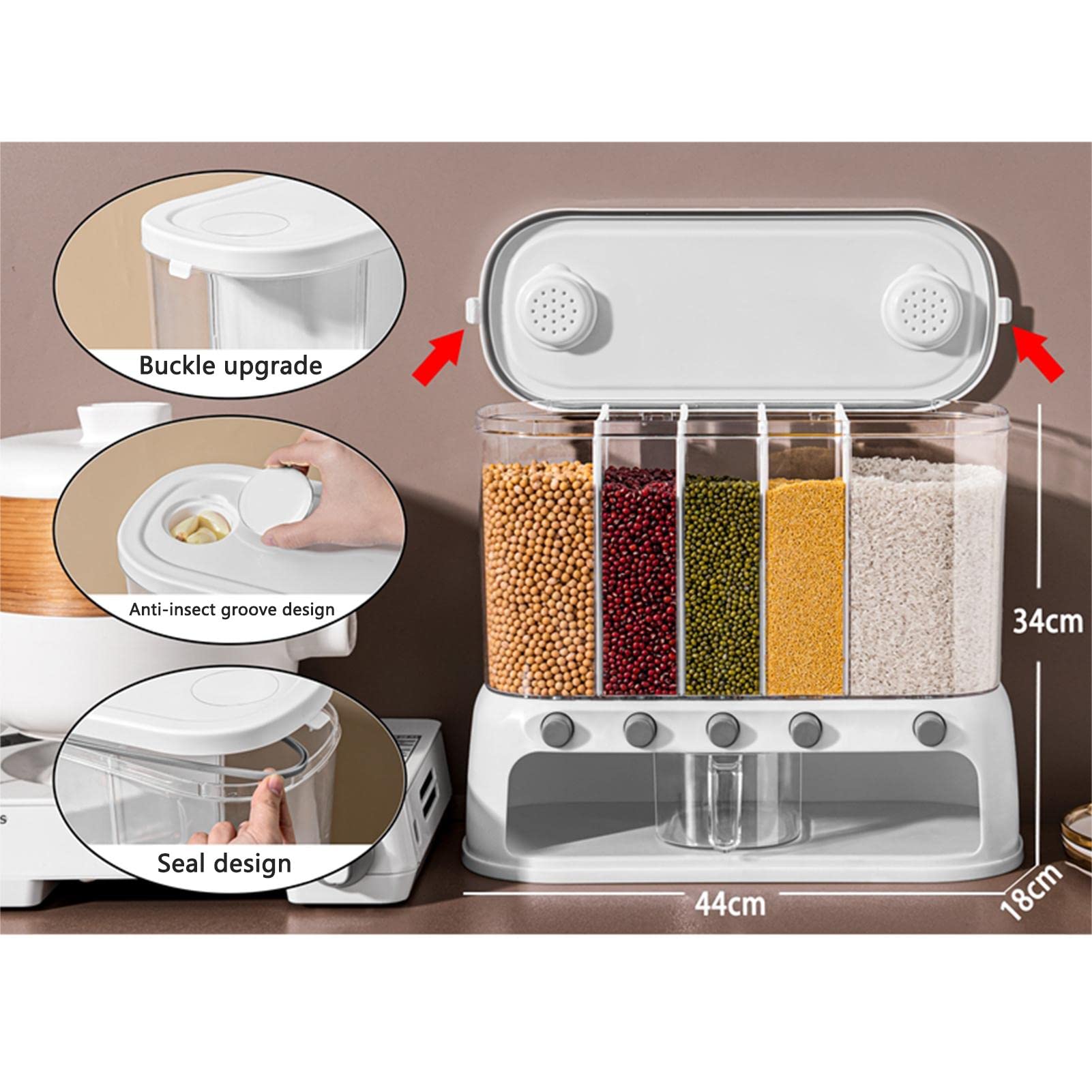 Komsoup 12L Wall-Mounted Cereal Storage Container with Lids - 20KG Capacity Multi-Compartment Dry Food Dispenser for Rice, Grains, Beans - Moisture-Proof & Airtight Kitchen Organization Solution - Perfect for Pantry, Restaurant, or Bulk Food Storage