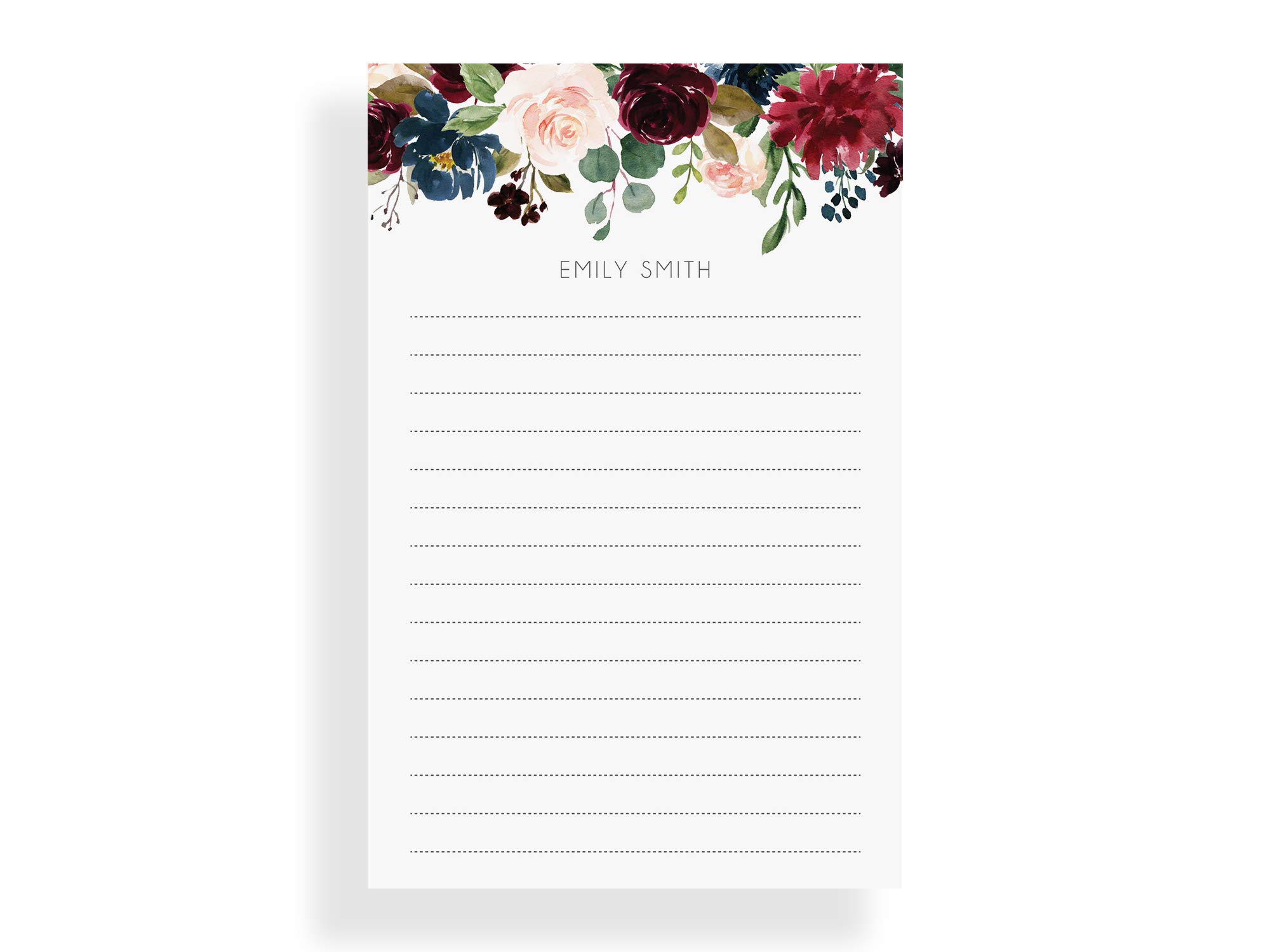 Custom Name Notepads - Blue Floral Design Stationery Paper, Lined or Unlined, 3 Sizes (Small, Medium, Large) - Perfect for Journals, Office Notes & Gift Giving