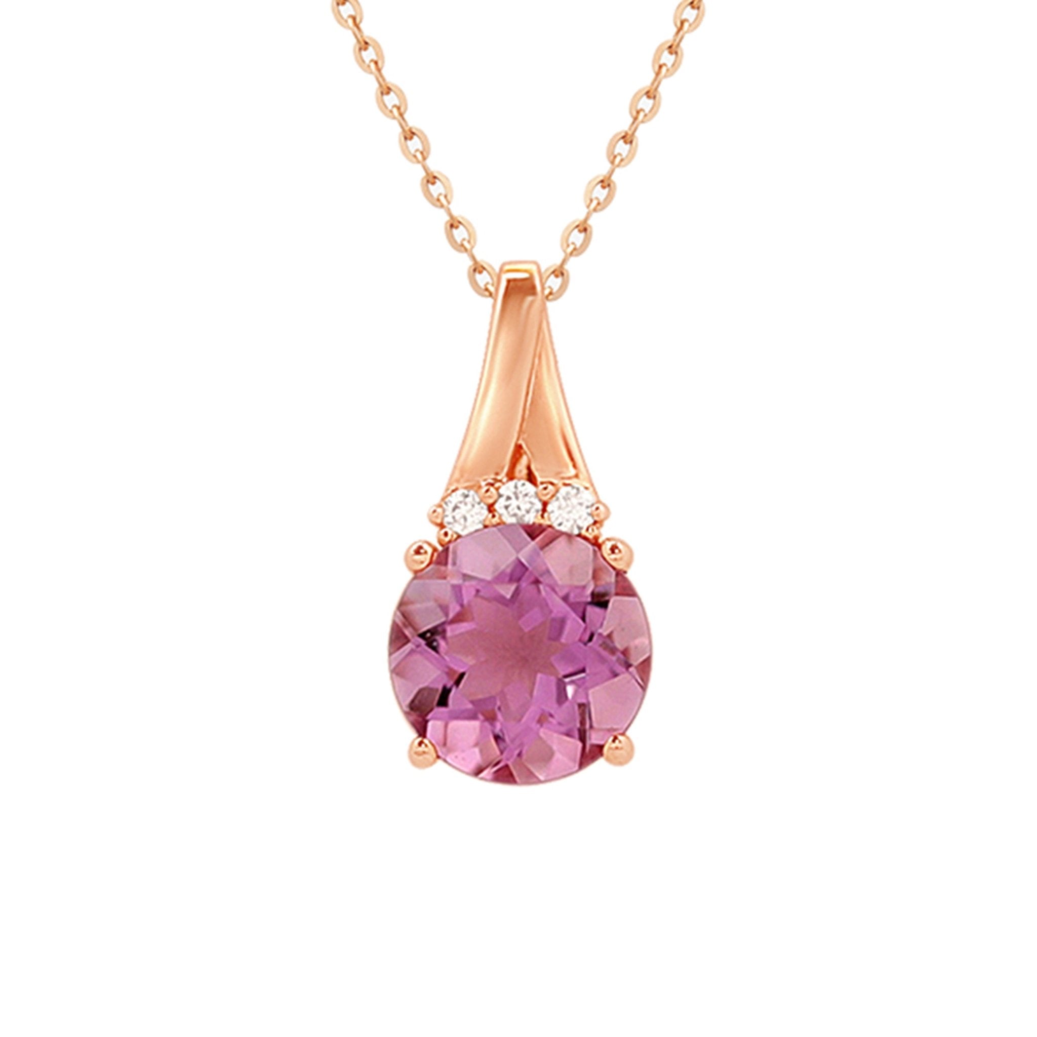 14K Rose Gold Round Amethyst Pendant Necklace with Diamonds - Elegant Jewelry Gift for Women, Perfect for Valentine's Day, Anniversary & Special Occasions