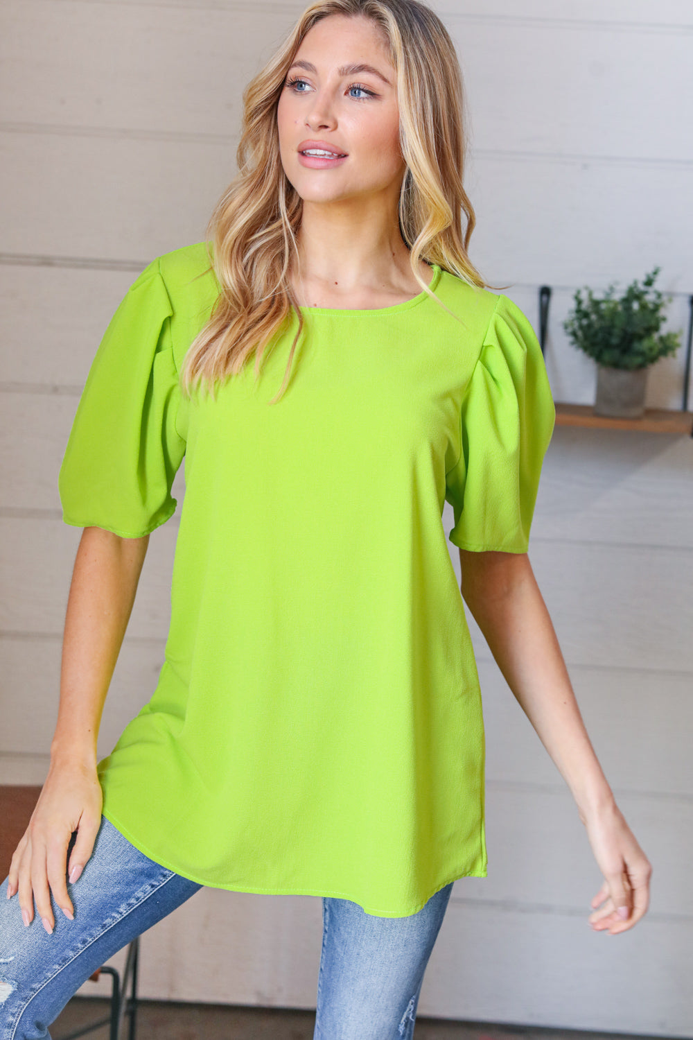 Stylish Neon Green Round Neck Puff Sleeve Crepe Blouse for Women | Trendy Casual & Party Wear | Perfect for Date Nights, Office Outfits & Summer Fashion