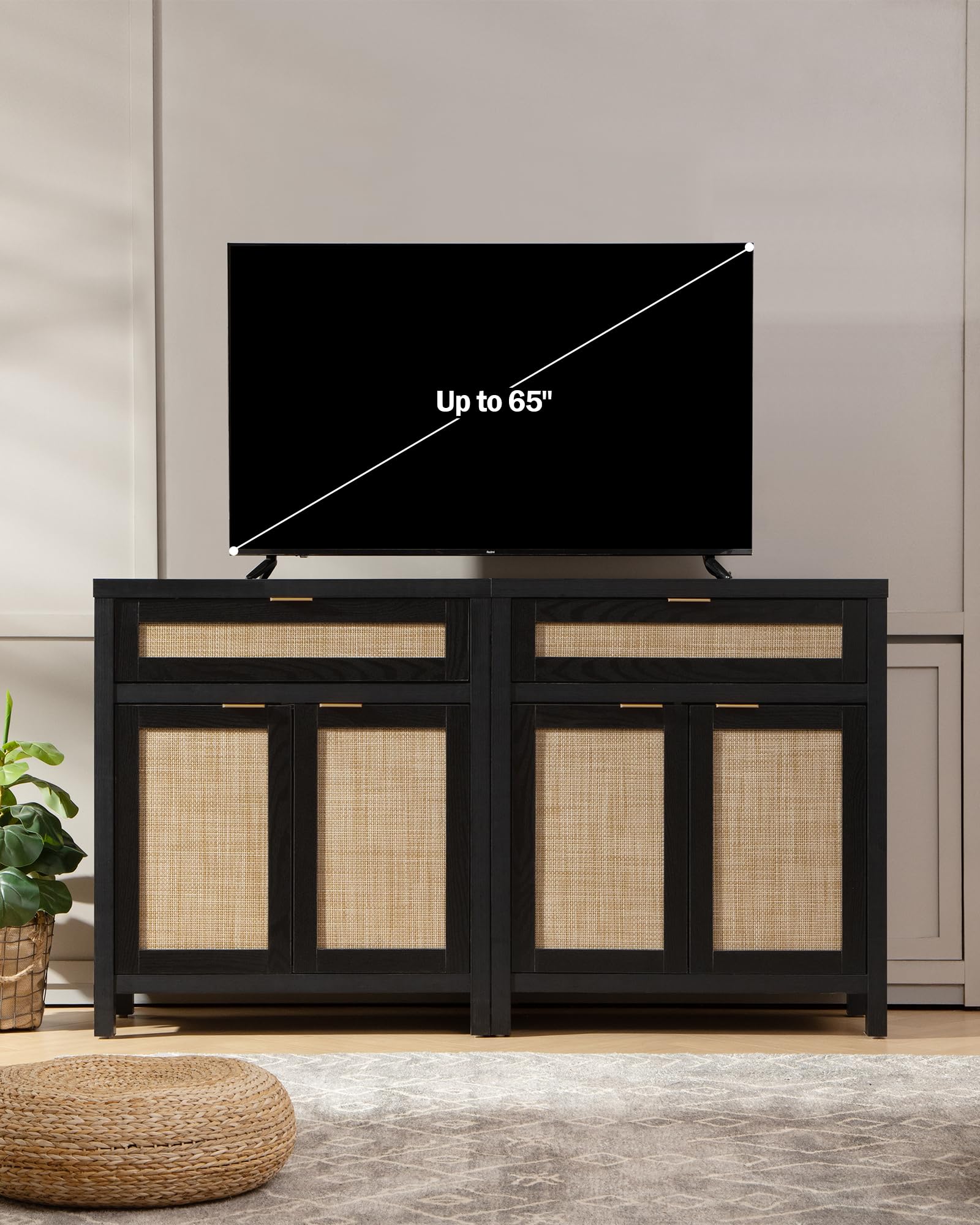 SICOTAS Modern Rattan Sideboard Buffet Cabinet with Doors & Drawer - Entryway Storage, Living Room Console Table, Coffee Bar Organizer - Black Accent Furniture for Home Decor