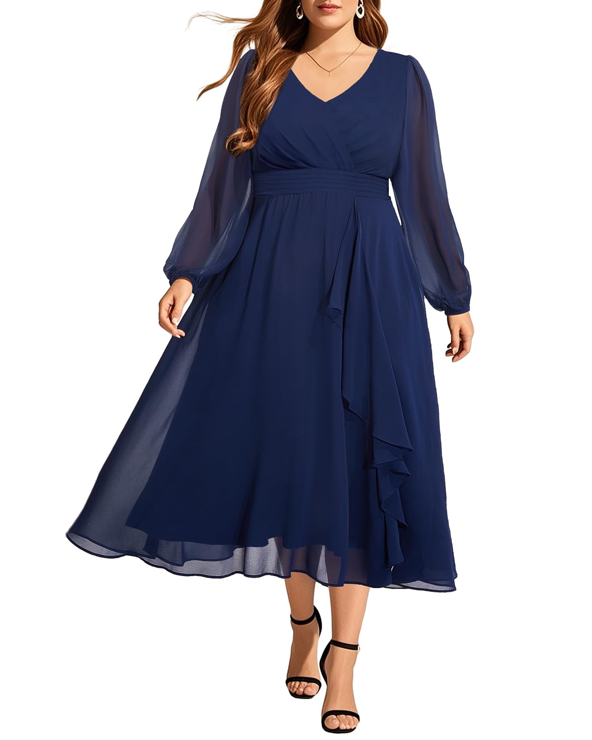 2025 Plus Size Formal Wedding Guest Dresses - Elegant Long Sleeve Chiffon Midi Dress for Fall | Perfect for Bridal Showers, Cocktail Parties & Special Occasions