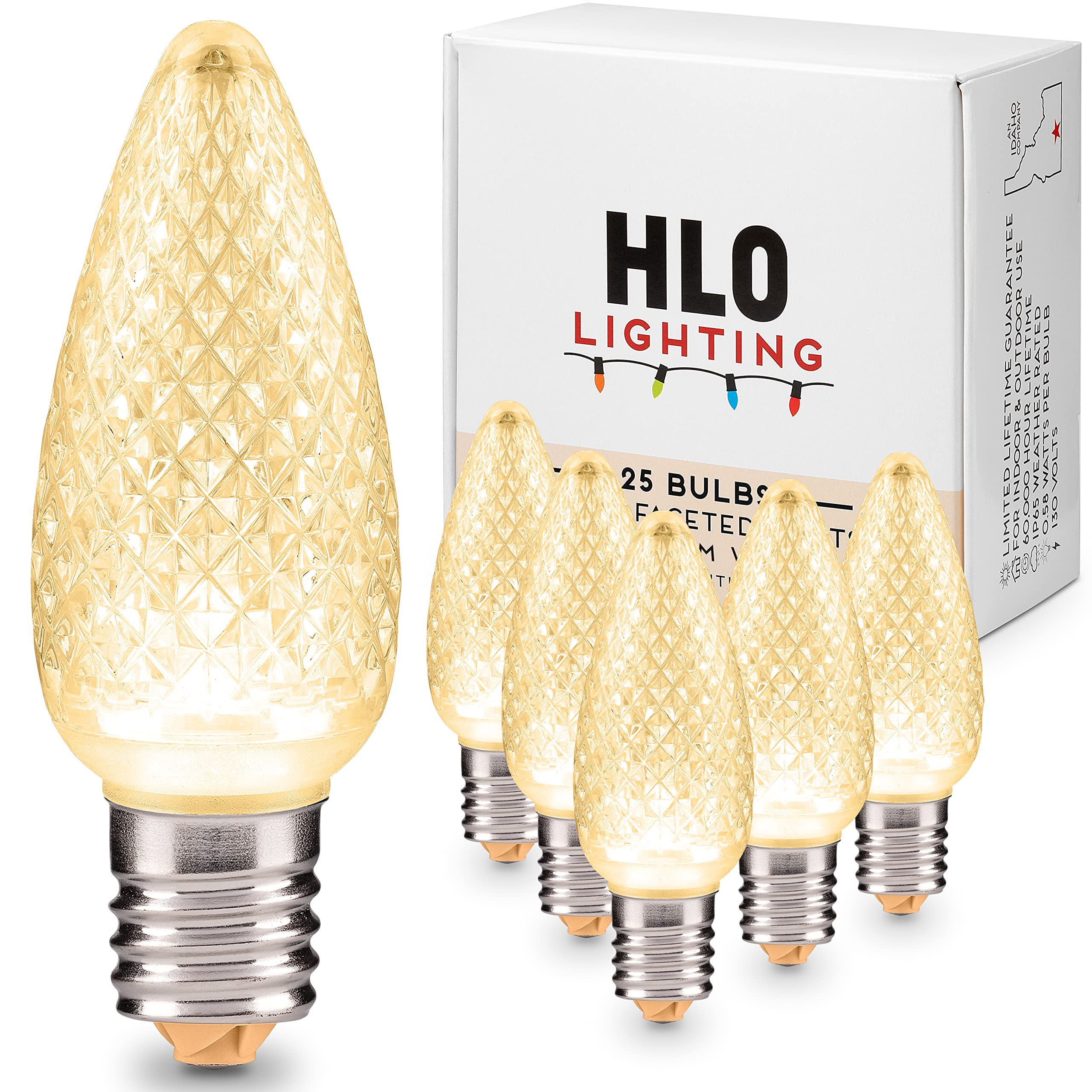 25-Pack Faceted C9 LED Christmas Light Bulbs - Warm White Sun Effect for Indoor & Outdoor Holiday Decor - Durable & Energy-Efficient Replacement Bulbs - Perfect for Christmas Trees, Roof Lines, and Holiday Displays