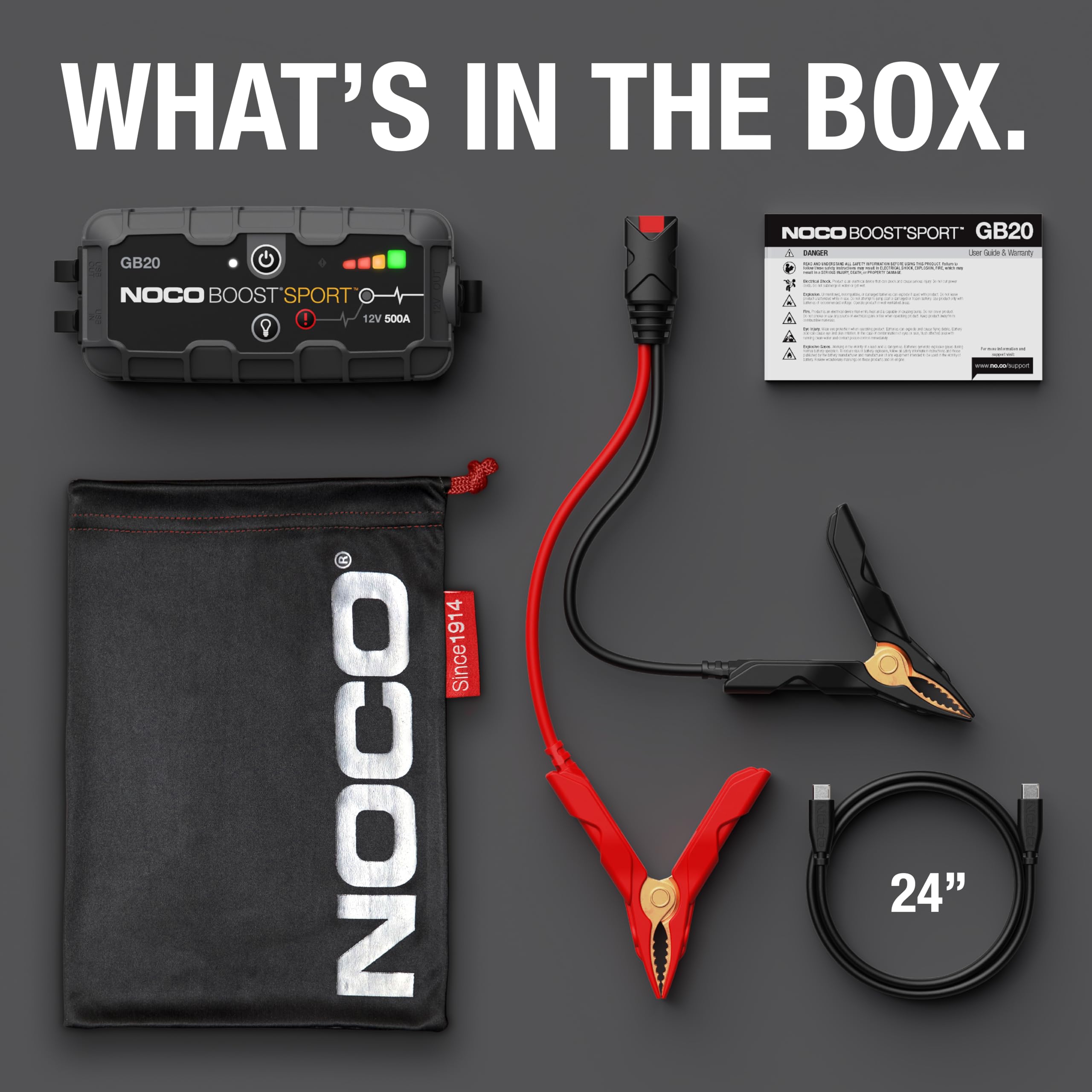 NOCO Boost Sport GB20 500A UltraSafe Car Battery Jump Starter - 12V Portable Power Pack with Jumper Cables for 4.0L Gasoline Engines | Emergency Vehicle Rescue, Roadside Assistance & Outdoor Power Supply