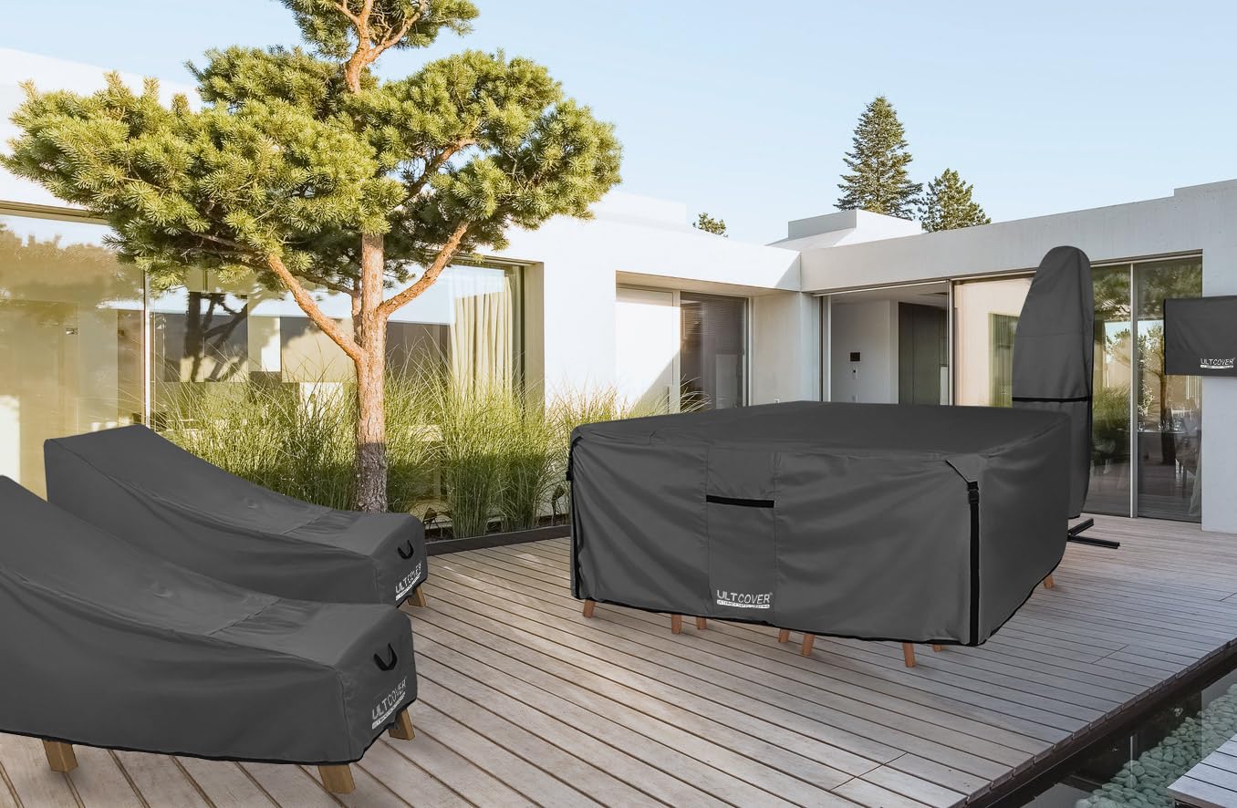 ULTCOVER 600D Heavy Duty Waterproof Outdoor Patio Table and Chair Cover - Durable 600D Polyester Canvas Furniture Protector for Rectangular Tables 111 x 74 Inches, Black - Perfect for Backyard, Garden, and Poolside Furniture Protection