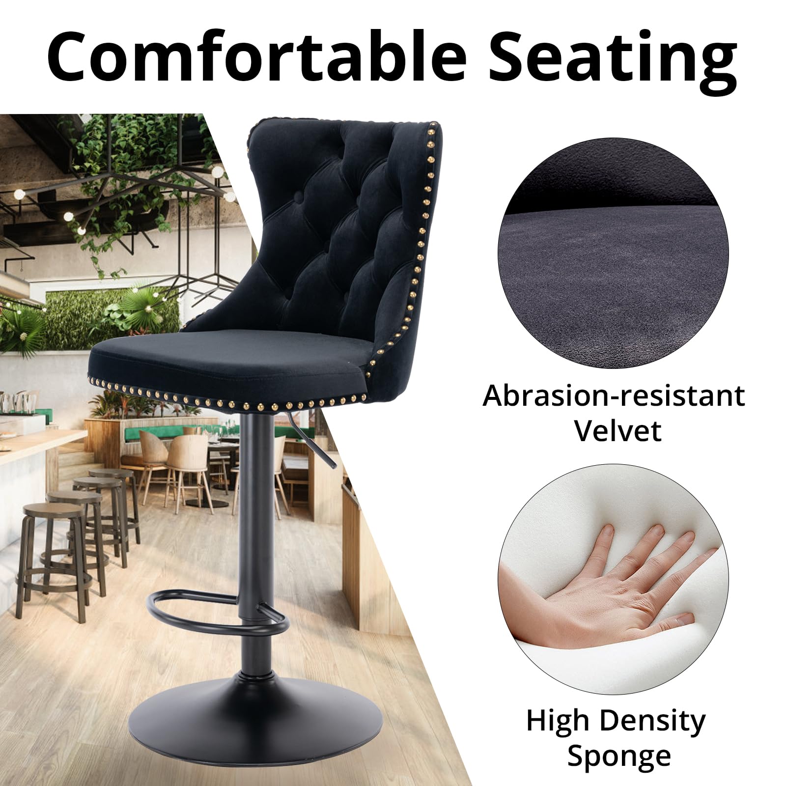 i-POOK Swivel Bar Stools Set of 2 - Adjustable Counter Height Barstools with Nailheads Trim, Button Tufted Back & Footrest - Velvet Dining Chairs for Kitchen Island, Home Bar, Restaurant & Cafe - Black Modern Bar Stools for Indoor & Outdoor Use