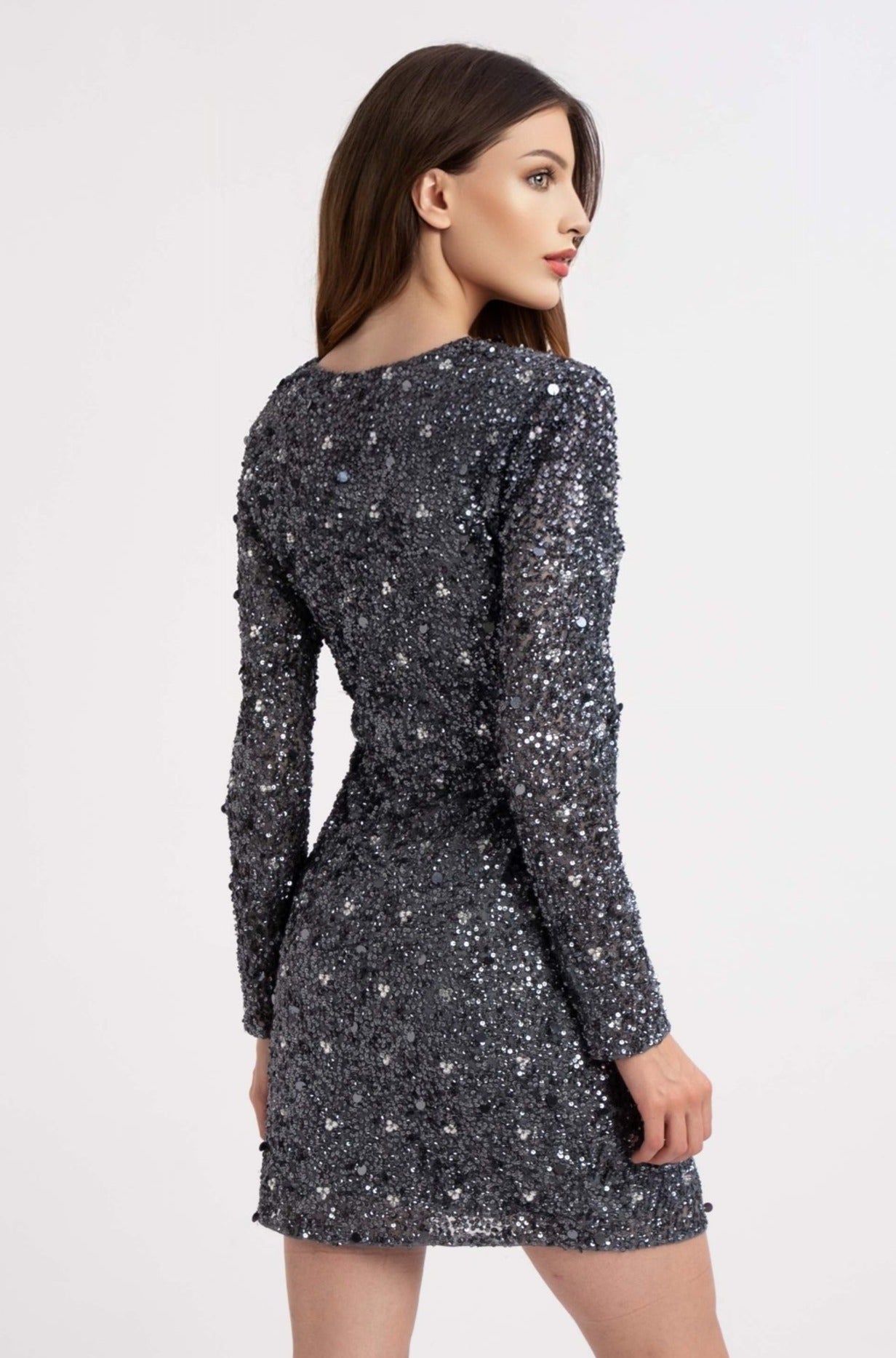 Gwen Grey Long Sleeve Embellished Mini Dress for Women | Elegant Party & Cocktail Dress | Perfect for Night Out, Date Night, and Special Occasions