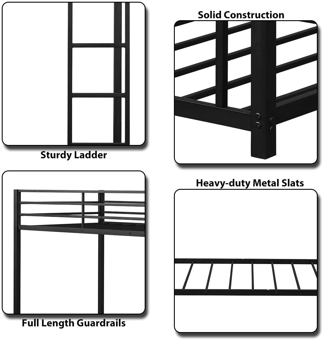 Metal Twin Over Twin Bunk Bed with Ladder & Safety Rail - Sturdy Moccha Black Frame for Kids, Teens & Adults - Perfect for Space-Saving Kids' Rooms, Guest Rooms & Small Apartments