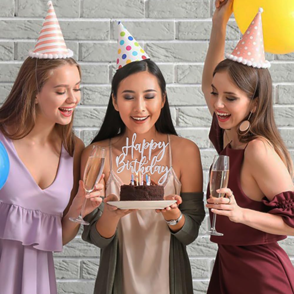 LVEUD Glitter Happy Birthday Cake Topper - Silver Shimmer Cake Decoration for Anniversary & Birthday Parties | Perfect for Wedding, Baby Shower & Celebration Cakes