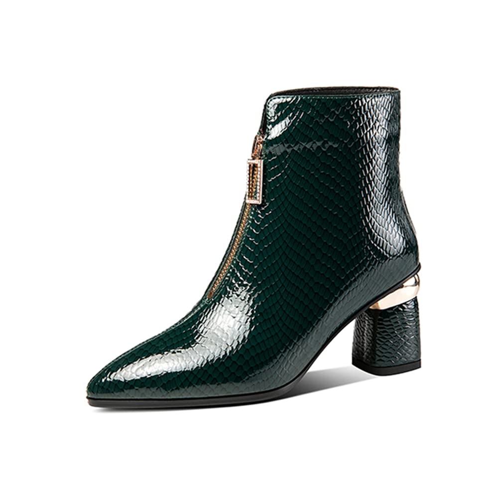 TinaCus Patent Leather Women's Pointed Toe Chunky Heel Ankle Boots - Handmade Plus Size Front Zip Modern Booties for Work, Party & Night Out