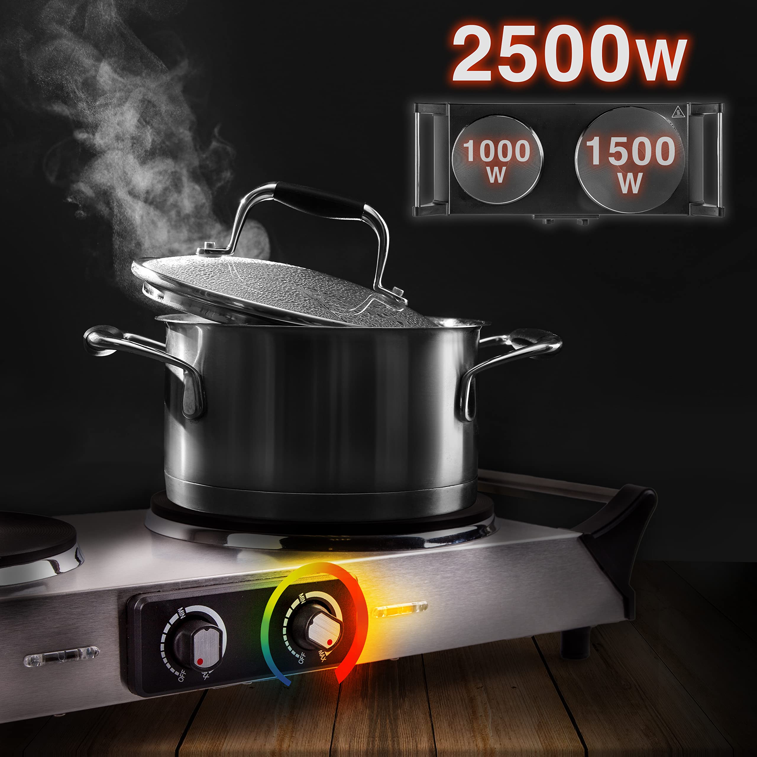 Duronic HP2 SS Stainless Steel Electric Hot Plate - 2500W Double Burner with Cast Iron Rings (1500W & 1000W) for Home Kitchen, Camping & Outdoor Cooking | Portable Stove for Pots & Pans | Black & Silver Design