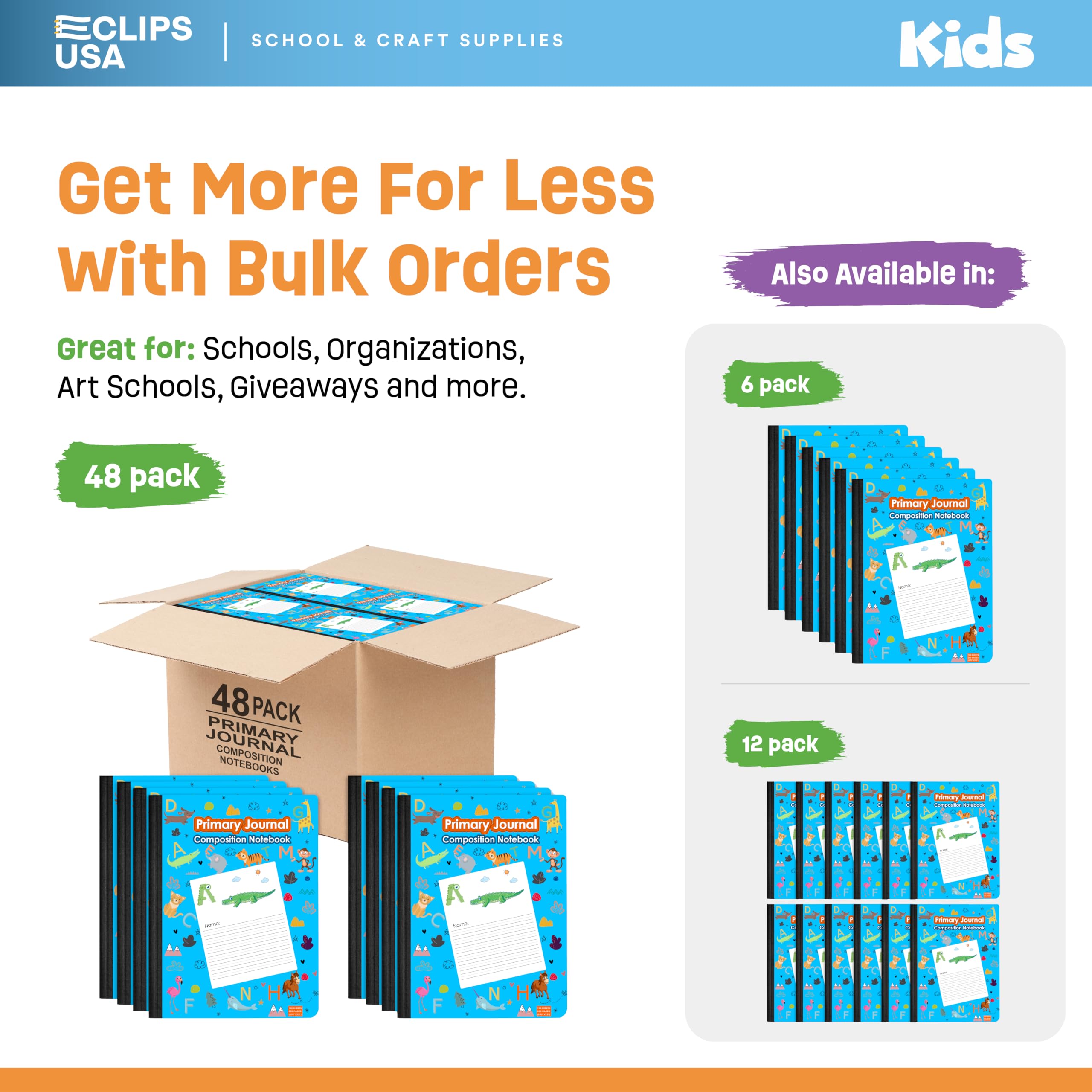 Composition Notebooks for Kids - Primary Journal with Letters & Animal Print, 100 Sheets/200 Pages, 9.75