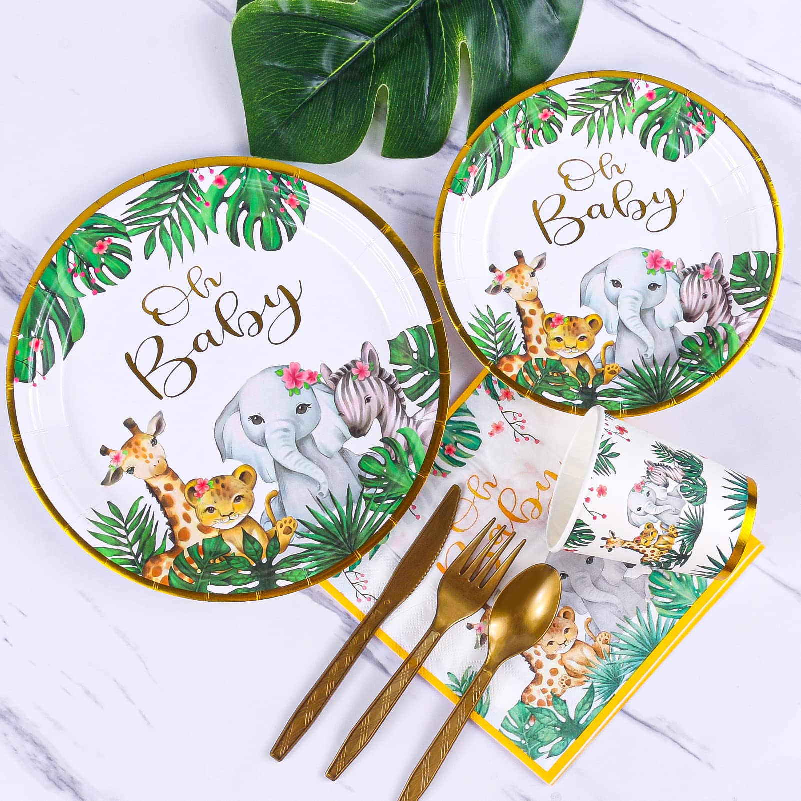 Atonofun Safari Party Supplies Set - 24-Piece Jungle Baby Shower Plates, Cups, Napkins & Cutlery for Safari Birthday Decorations & Jungle Themed Parties - Perfect for Baby Showers, Birthday Celebrations & Wild Animal Theme Events