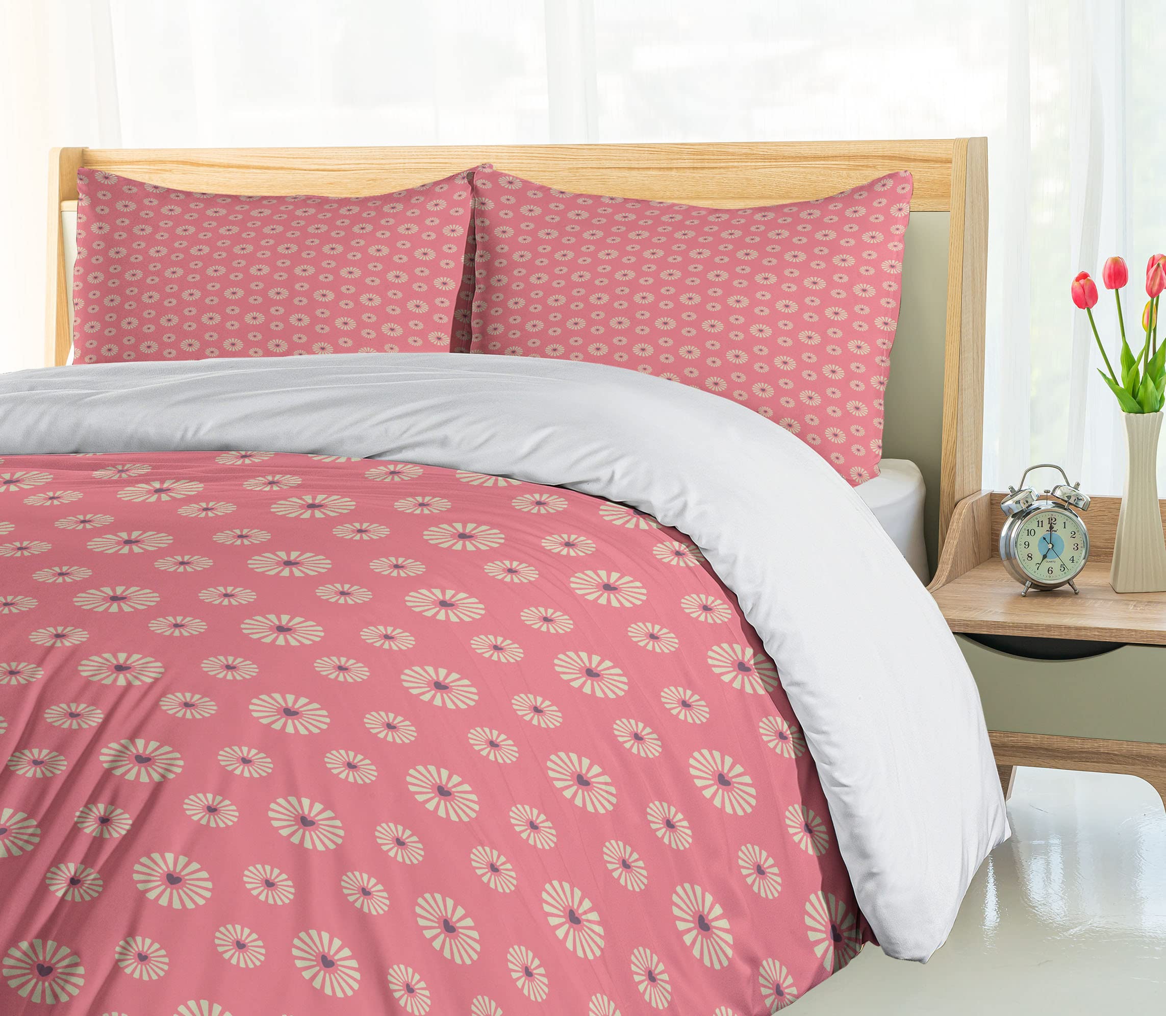 Ambesonne Floral Duvet Cover Set - Romantic Love Theme with Flowers & Hearts, 3-Piece King Size Bedding Set in Pale Yellow & Pink | Perfect for Master Bedroom, Guest Room & Romantic Getaways