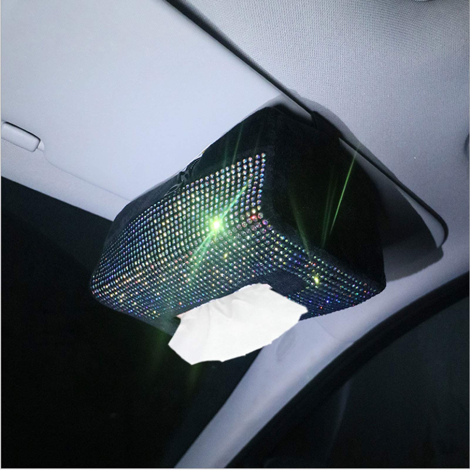 Sparkling Car Sun Visor Tissue Box Holder - Soft Plush Crystal Paper Towel Cover Case | Elegant Auto Interior Accessories for Women | Perfect for Road Trips & Daily Commute (White)