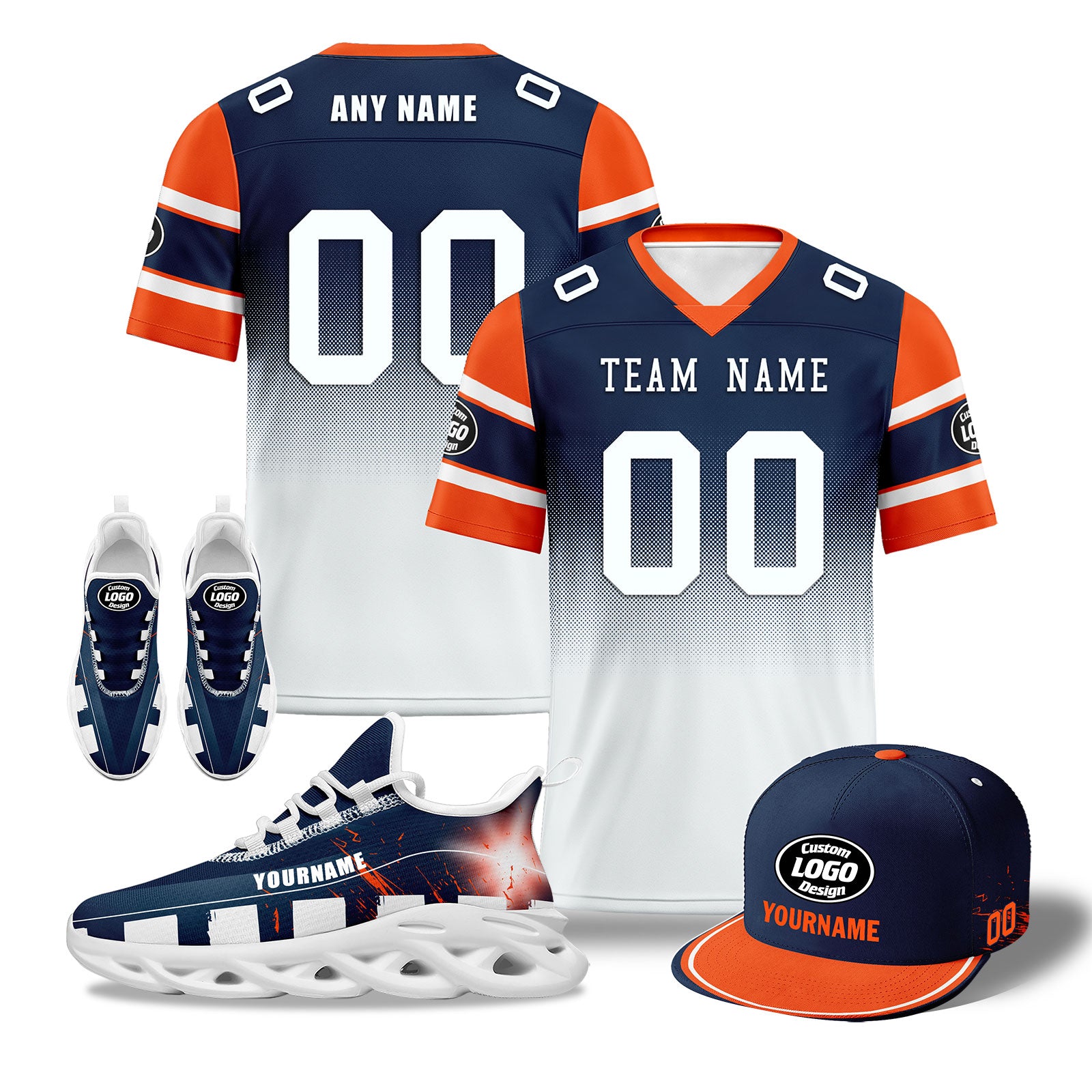 Custom Denver Broncos Blue White Orange Football Shoes & Hat Combo - Personalized NFL Fan Gear for Men & Women - Perfect for Game Day, Tailgating & Sports Events