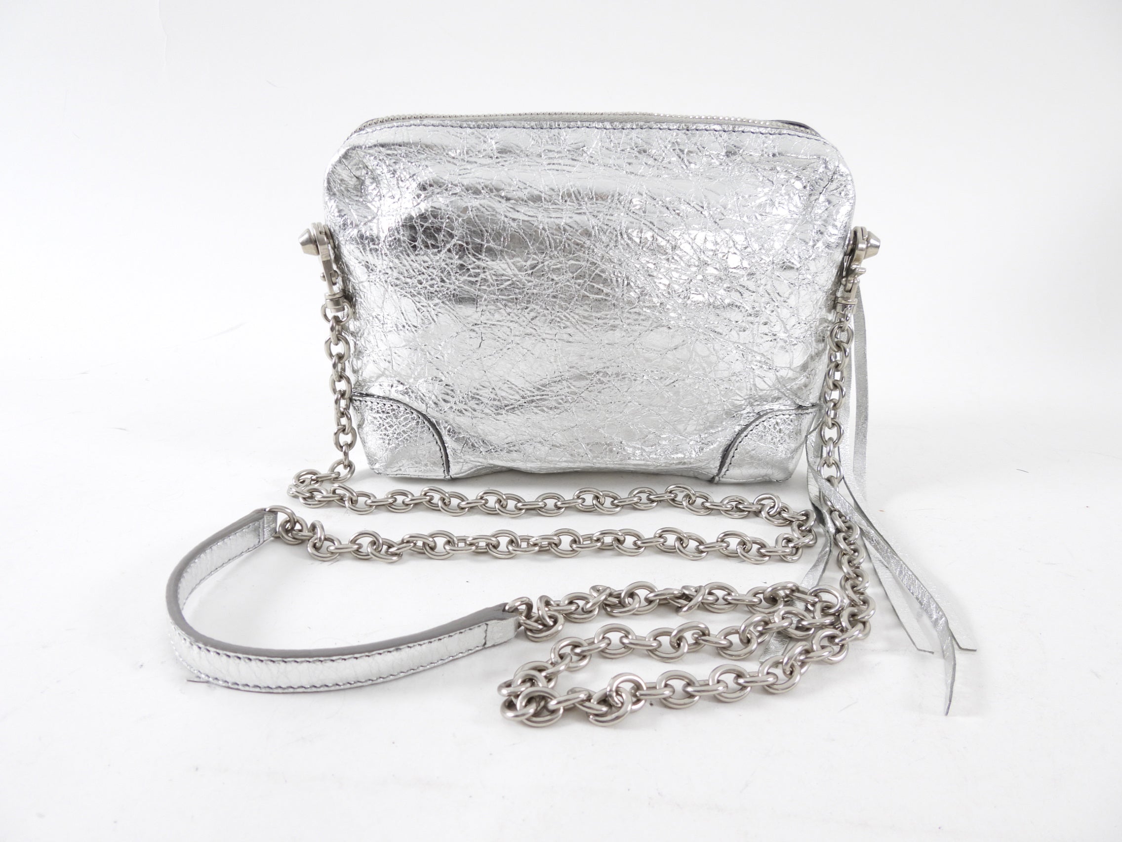 Balenciaga Silver Metallic Reporter Chain Crossbody Bag for Women - Luxury Designer Shoulder Purse for Party, Night Out & Travel