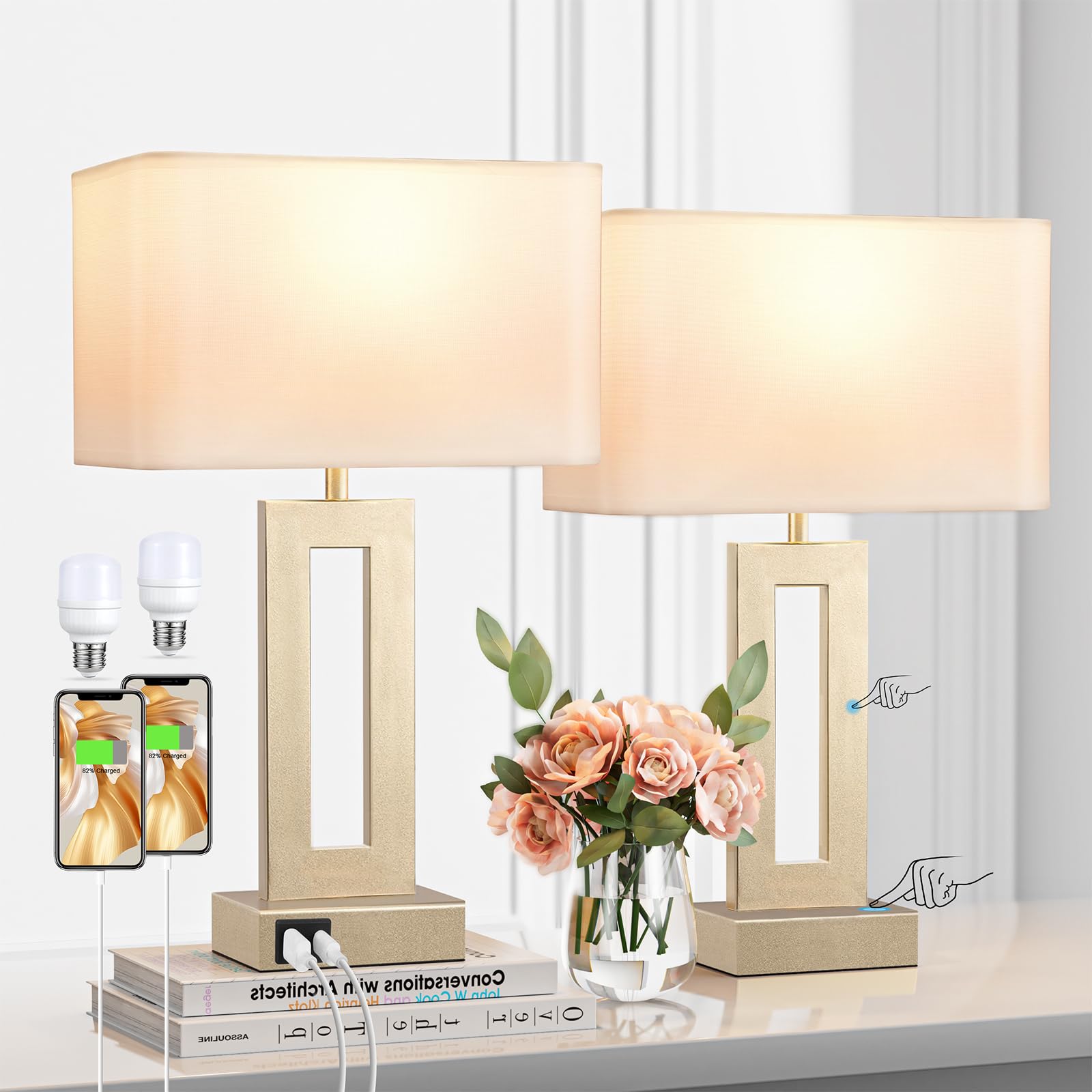 Modern Touch Control Table Lamps Set of 2 with USB C/A Charging - 3-Way Dimmable Gold Nightstand Lamps for Bedroom, Living Room & Office - Perfect for Reading, Working & Bedside Lighting (16.4