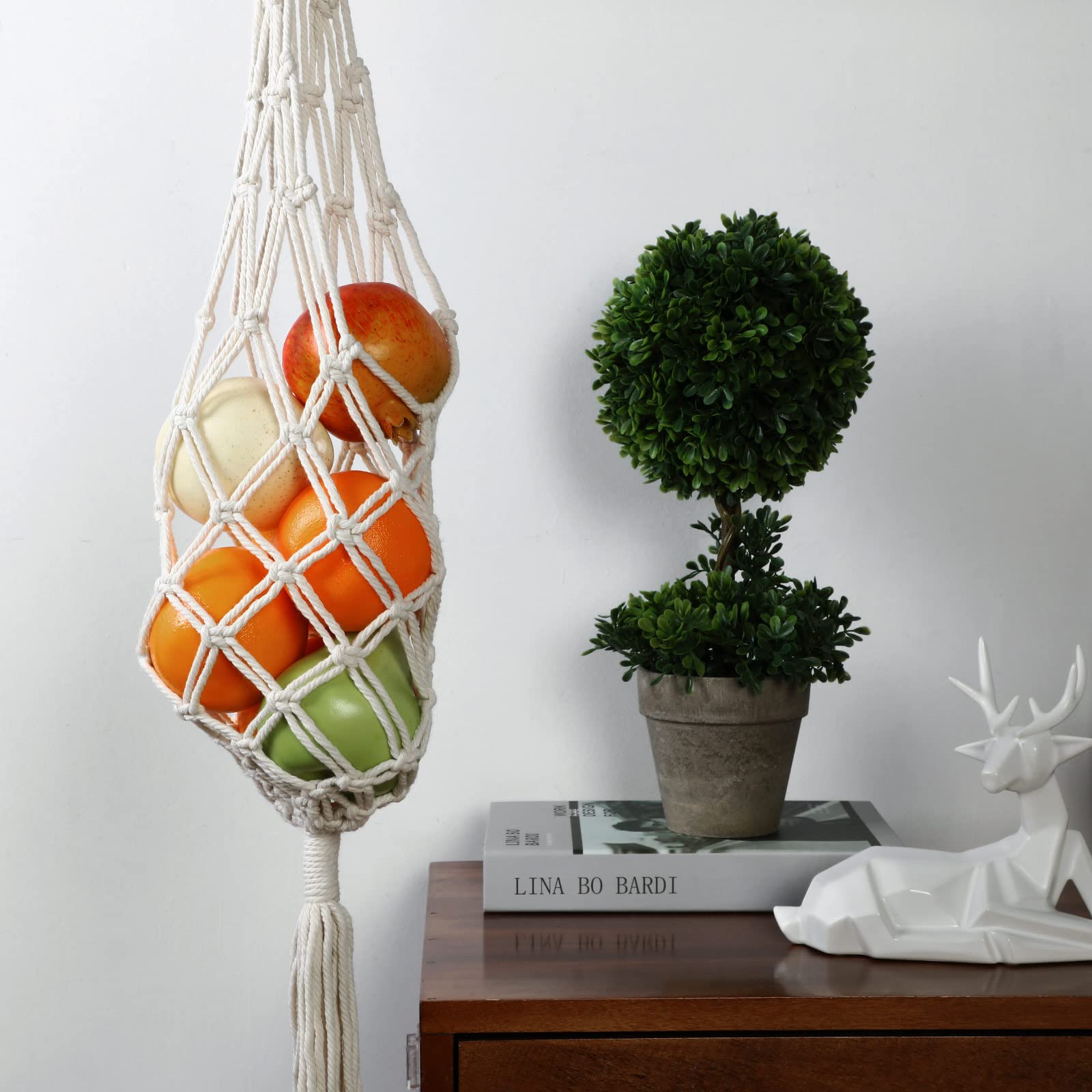 Geiserailie 2-Pack Macrame Hanging Fruit Basket - Breathable Storage for Potatoes, Onions & Produce - Boho Kitchen Decor for Pantry, Farmhouse & Organic Food Display