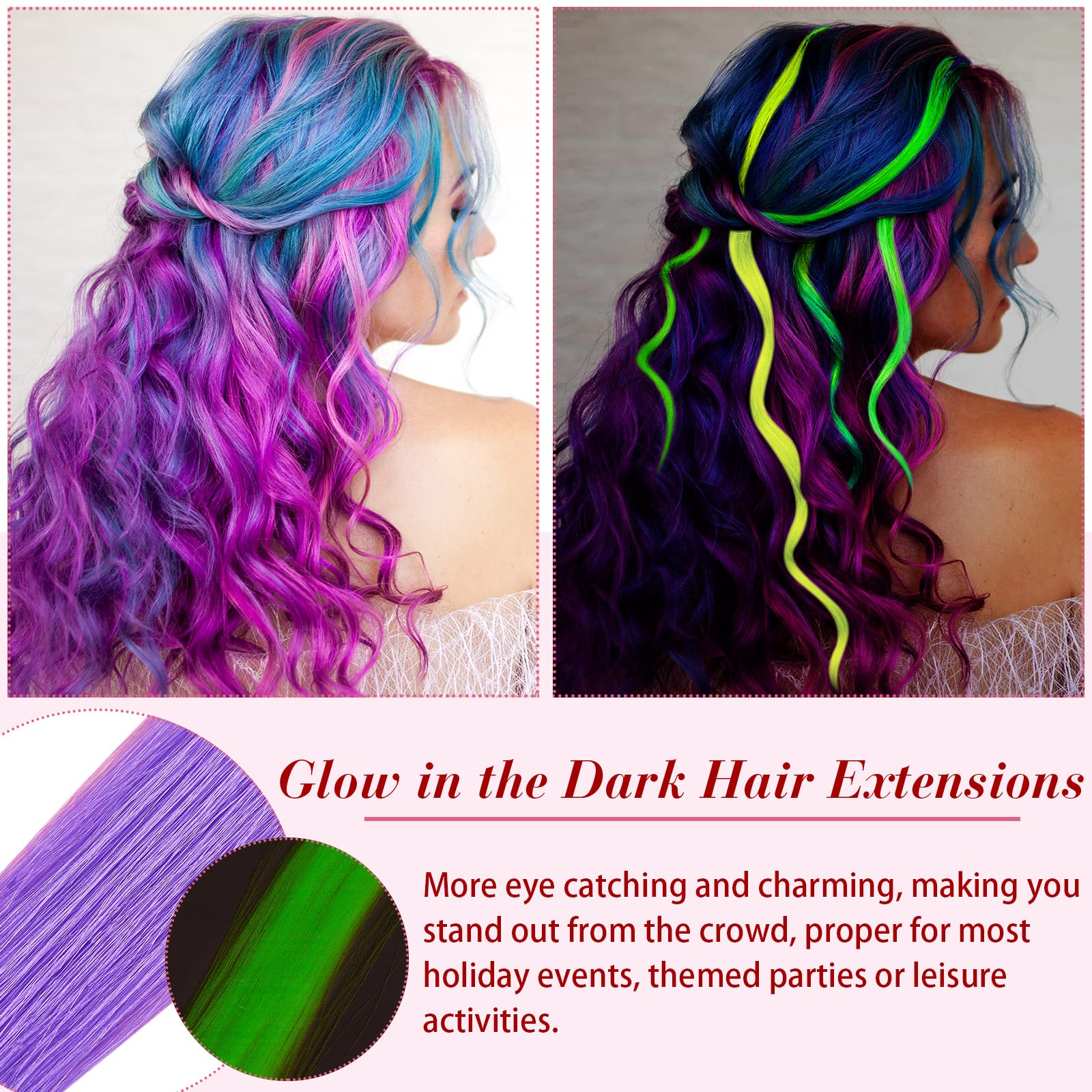 20 Pcs Glow in the Dark Hair Extensions - Luminous Synthetic Hair Clips for Women & Kids - 10 Vibrant Neon Colors (Curly Style) - Perfect for Parties, Raves, Halloween & DIY Hairstyles