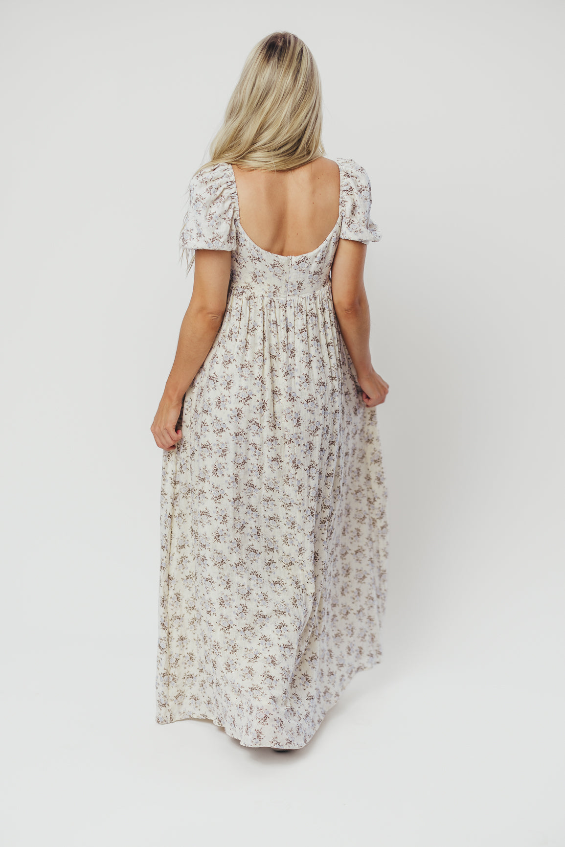 Haven 100% Cotton Tie Front Maxi Dress - Blue & Brown Floral Print | Bump Friendly Maternity Dress | Perfect for Beach, Vacation & Summer Outfits
