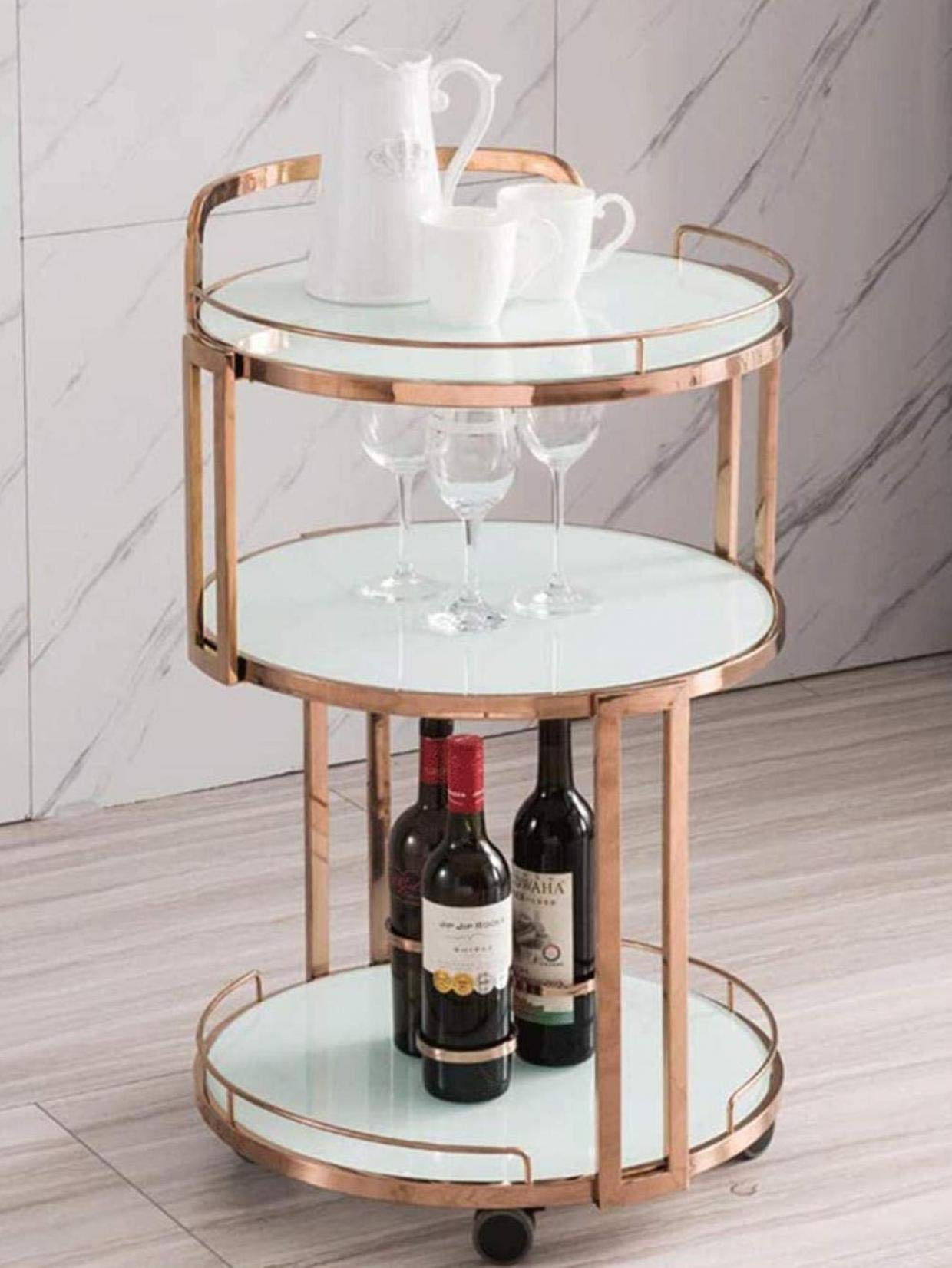 Premium Rolling Bar Cart with Wheels - Stainless Steel & Black Wine Cabinet for Kitchen, Hotel, or Home Bar - Ideal for Serving Wine, Tea, and Drinks at Parties & Events (Rose White)