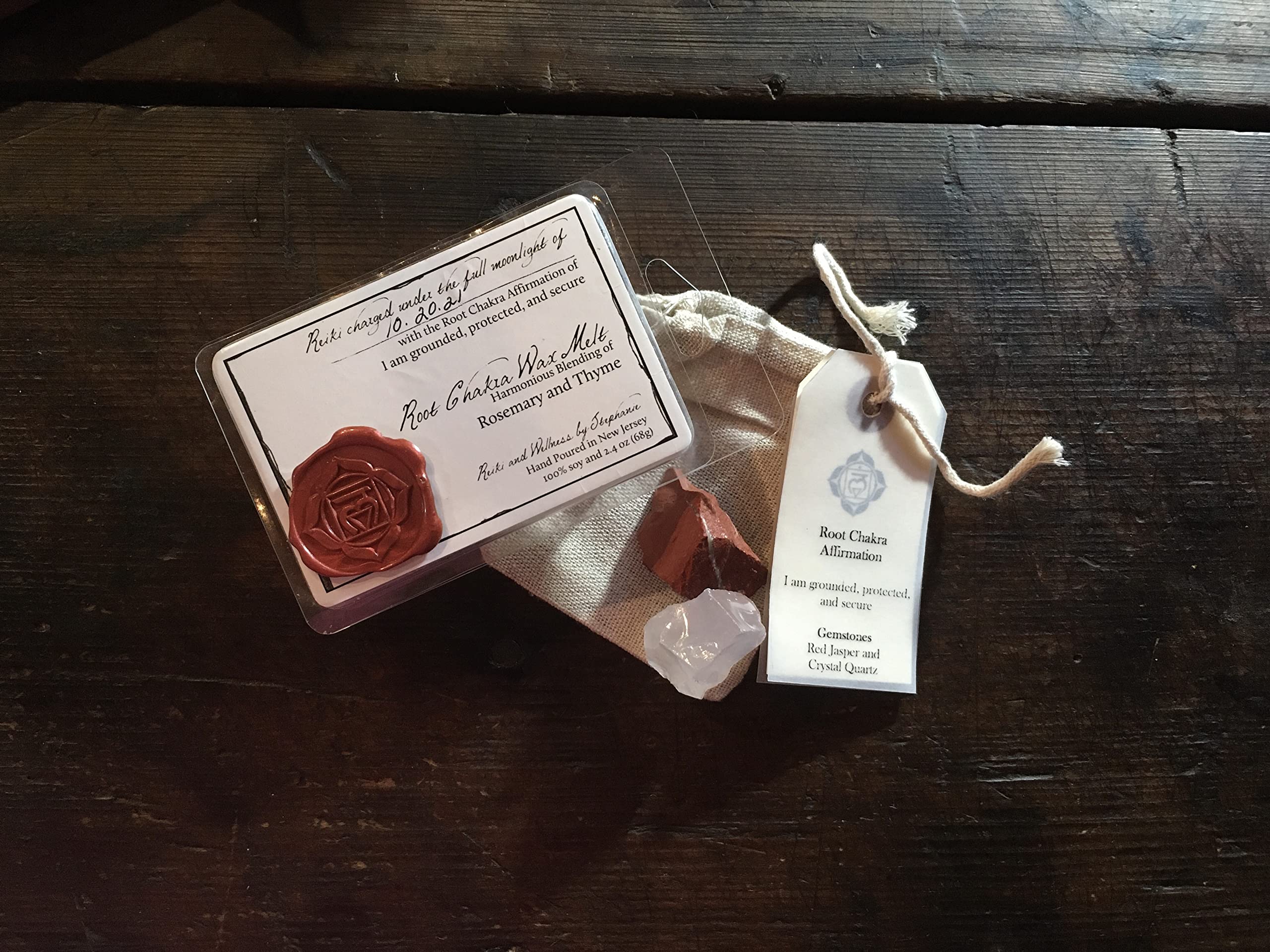 Reiki Charged Healing Crystals Set with Chakra Wax Melts & Wax Warmer - Raw Gemstones, Tealight Candle, Affirmation Cards for Meditation & Relaxation - Perfect Spiritual Gift for Yoga, Energy Healing & Home Decor (Root Chakra)