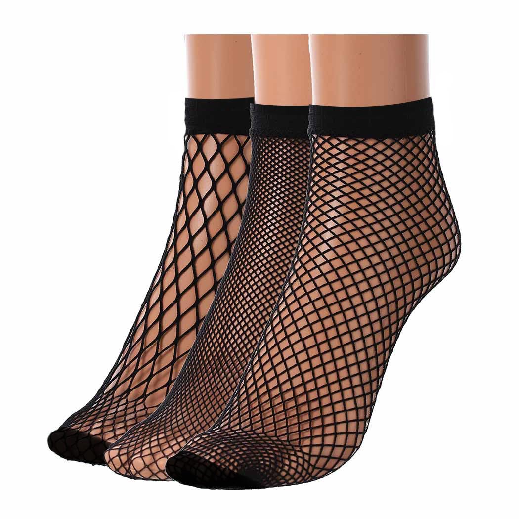 Yokawe Black Fishnet Socks for Women - 3 Pairs Ultra Thin Mesh Sheer Lace Ankle Socks | Stylish Dress Socks for Party, Cosplay, Halloween & Daily Fashion Outfits