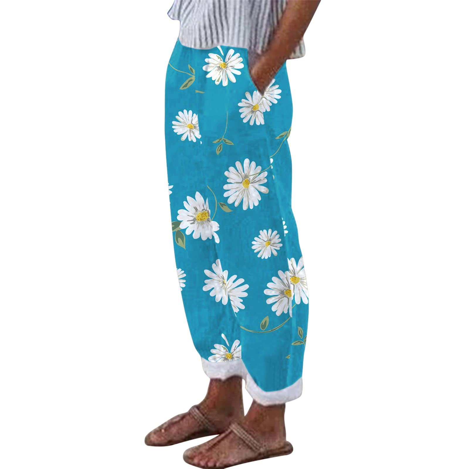 MAYW Women's Printed High Waist Loose Straight Leg Pants with Pockets - Cotton Casual Athletic Pants for Workout, Yoga, Travel & Everyday Wear