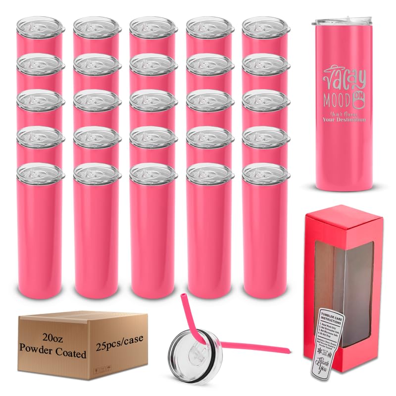Makerflo 20 oz Pink Skinny Powder Coated Tumbler - 25 Pack with Lid & Straw | DIY Customizable Cup for Laser Engraving, UV DTF, Epoxy & Vinyl | Perfect for Personalized Gifts, Party Favors, Corporate Events & Promotions | Not for Sublimation or DTF