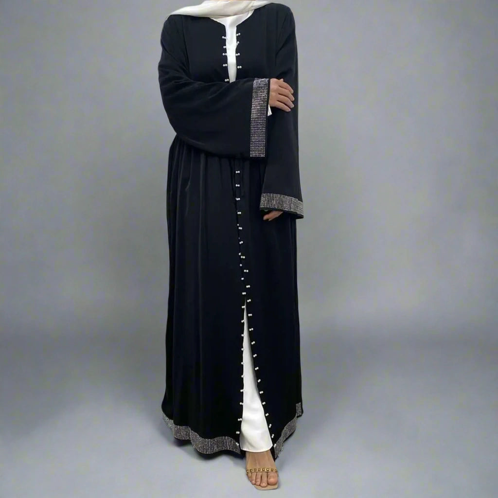 Hotfix Rhinestone Beaded Muslim Women's Cardigan Open Abaya Dress - Elegant Islamic Prayer Wear for Special Occasions & Daily Use
