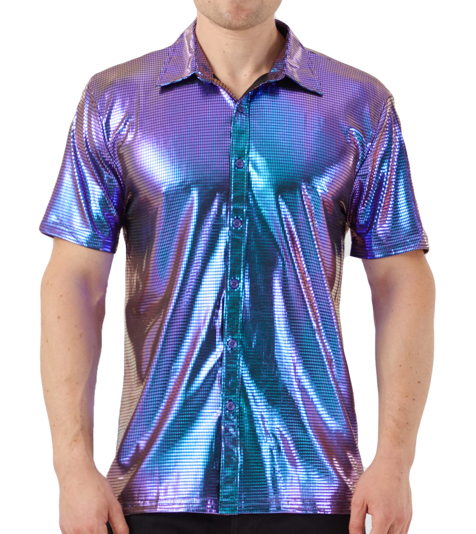 WULFUL Men's Disco Shirt with Sequins - 70s Retro Short Sleeve Button Down Shirt for Party, Costume & Themed Events - Perfect for Halloween, Disco Nights & Vintage Dress Up