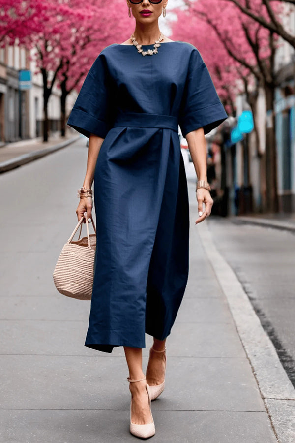 Solid Color Round Neck Half Sleeve Casual Waist Midi Dress for Women - Summer Casual Outfit, Office Wear & Party Dress