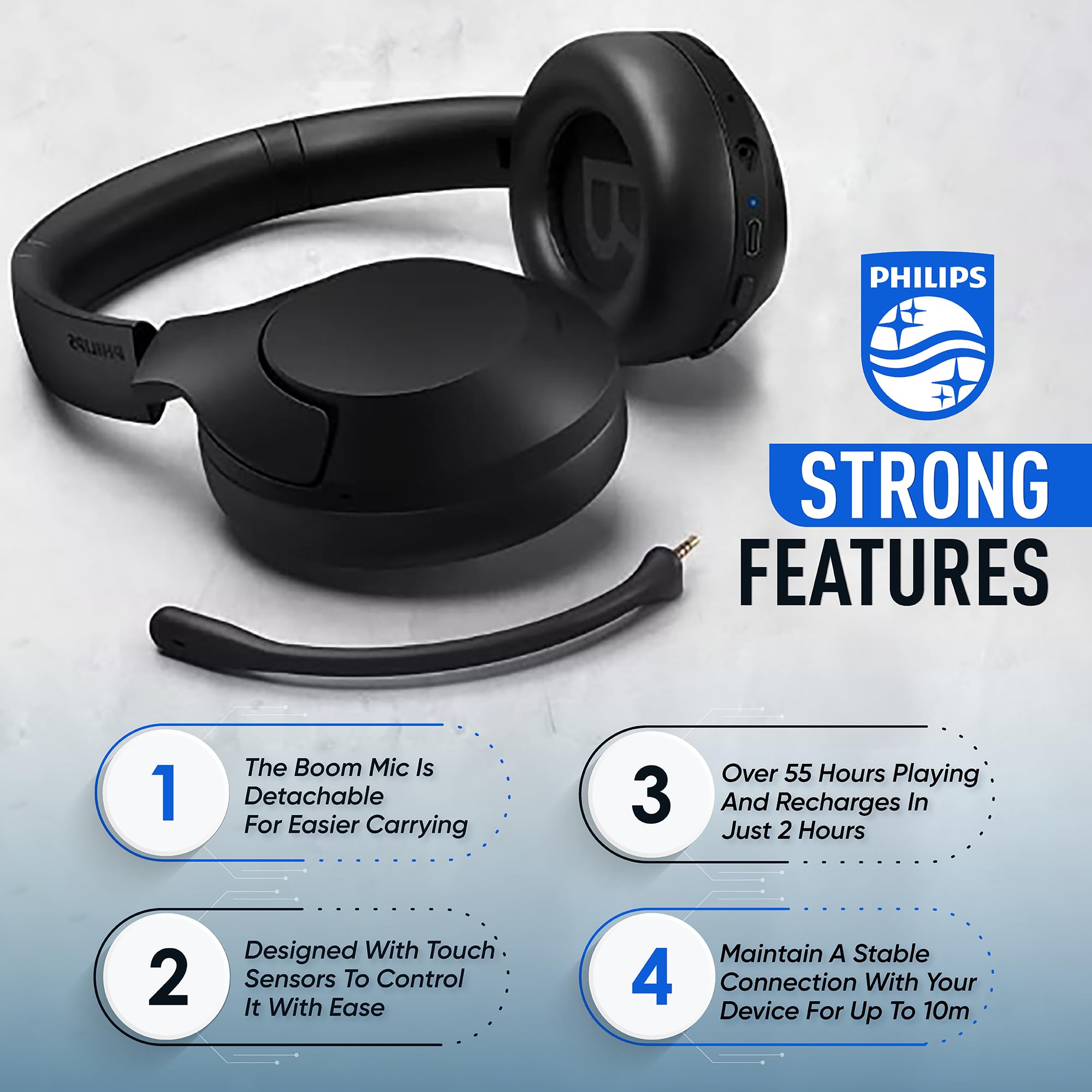 Philips Wireless Noise Cancelling Over-Ear Headphones with Bluetooth, Removable Mic & Touch Control - 55H Playtime for Travel, Work & Gaming