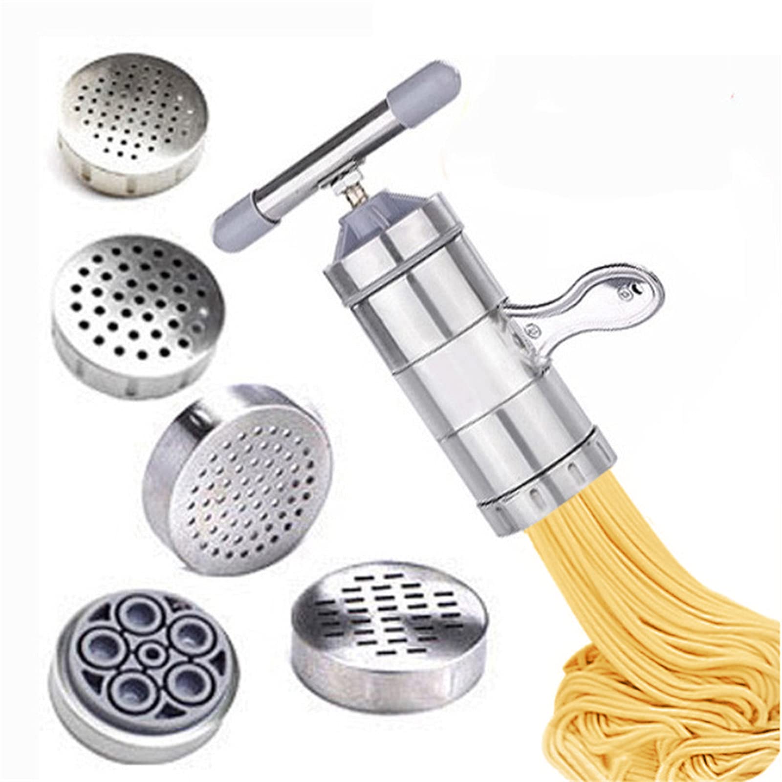Stainless Steel Manual Pasta Maker - Hand Crank Spaghetti & Fettuccine Noodle Press Machine with 5 Interchangeable Molds & Fruit Juicer Attachment (18.5x14cm) - Perfect for Homemade Italian Pasta, Asian Noodles & Fresh Juice Extraction