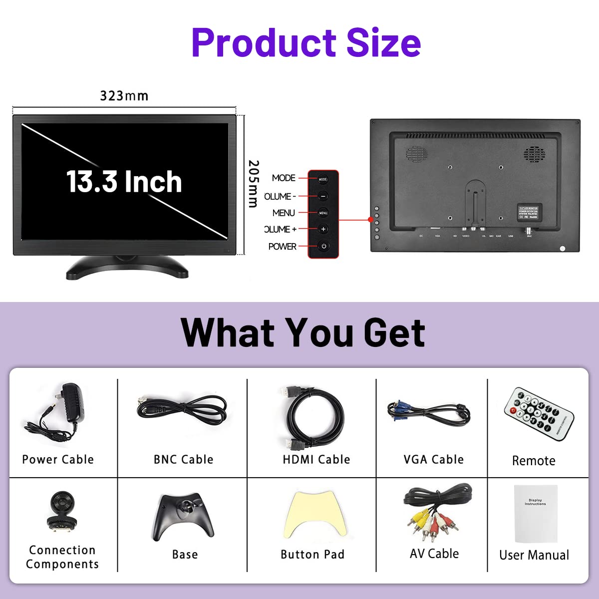 Hikity 13.3 Inch Full HD 1080P Security Monitor with HDMI/VGA/BNC/AV Inputs, Built-in Speakers & Remote Control - Portable Display for CCTV Surveillance, Gaming Consoles (Xbox, Raspberry Pi), Home & Office Security Systems - Ideal for Monitoring, Multi-Screen Setups & Compact Workspaces