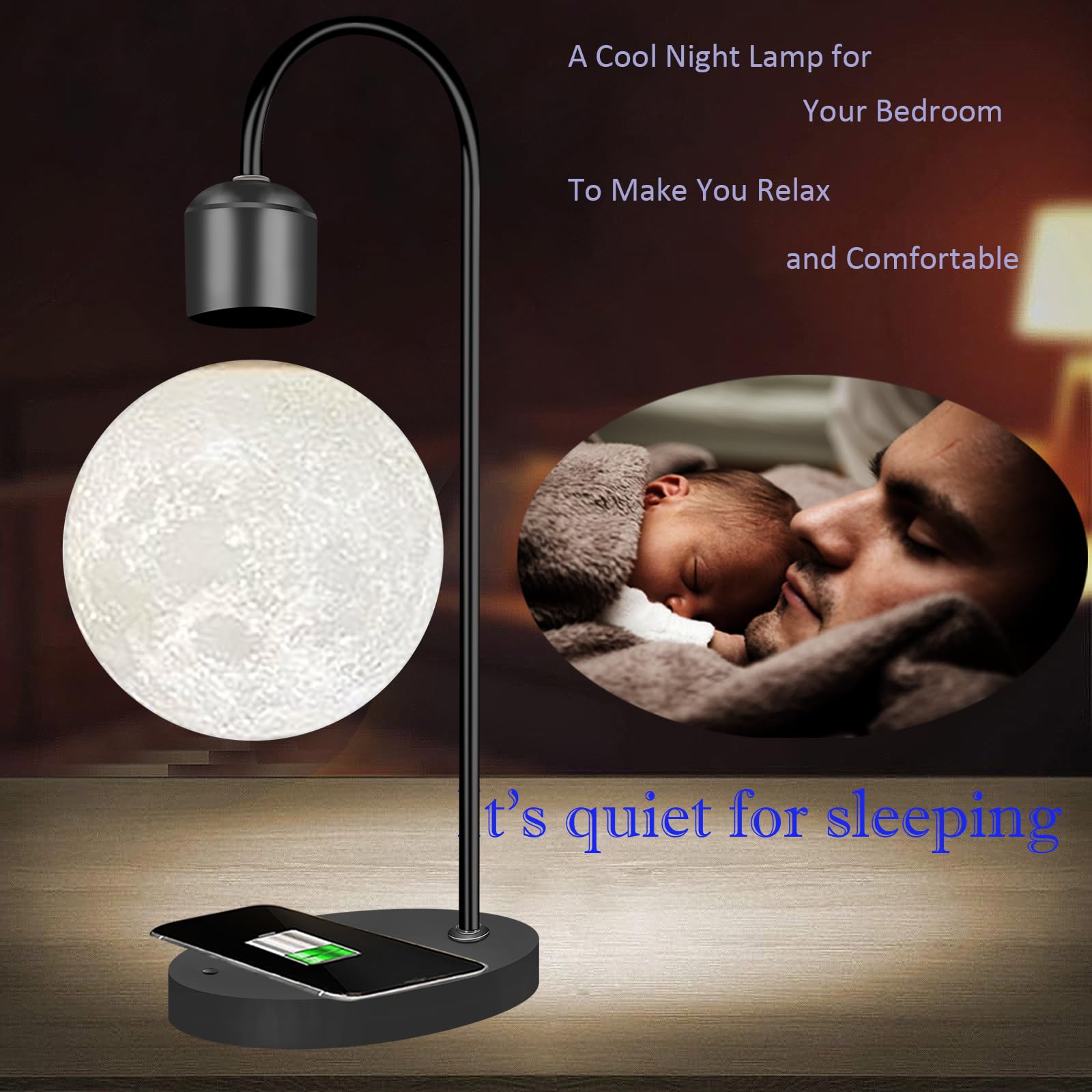 Zero Gravity Floating Moon Lamp - Magnetic Levitating LED Night Light with Wireless Charging Pad, Black Plastic Desk Decor for Home, Office & Gifts | Bedroom, Living Room, Nursery Night Light