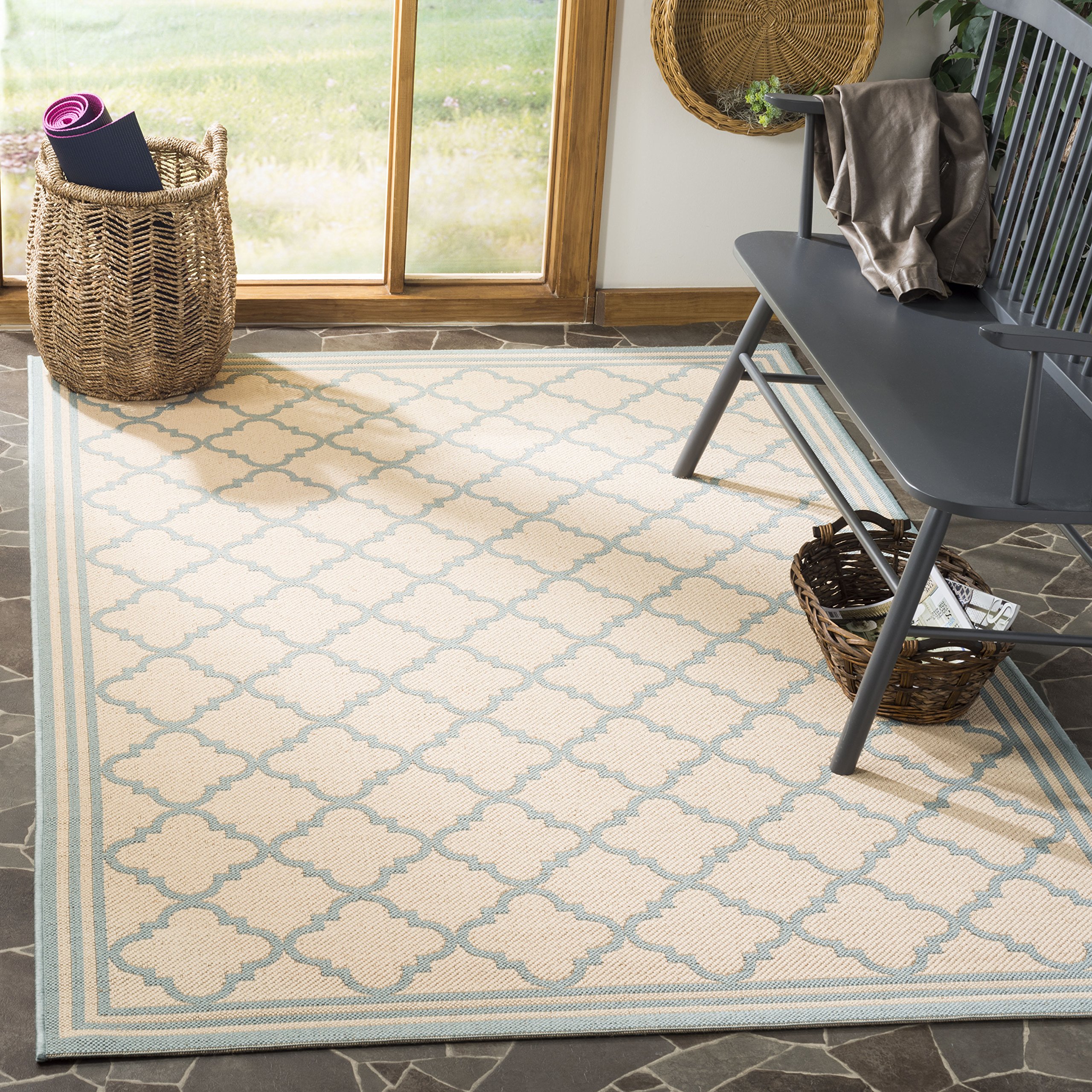 SAFAVIEH Linden Collection 8' x 10' Cream & Aqua Trellis Indoor Outdoor Rug - Non-Shedding, Easy Clean, Stain Resistant - Perfect for Patio, Backyard, Porch, Deck & Mudroom