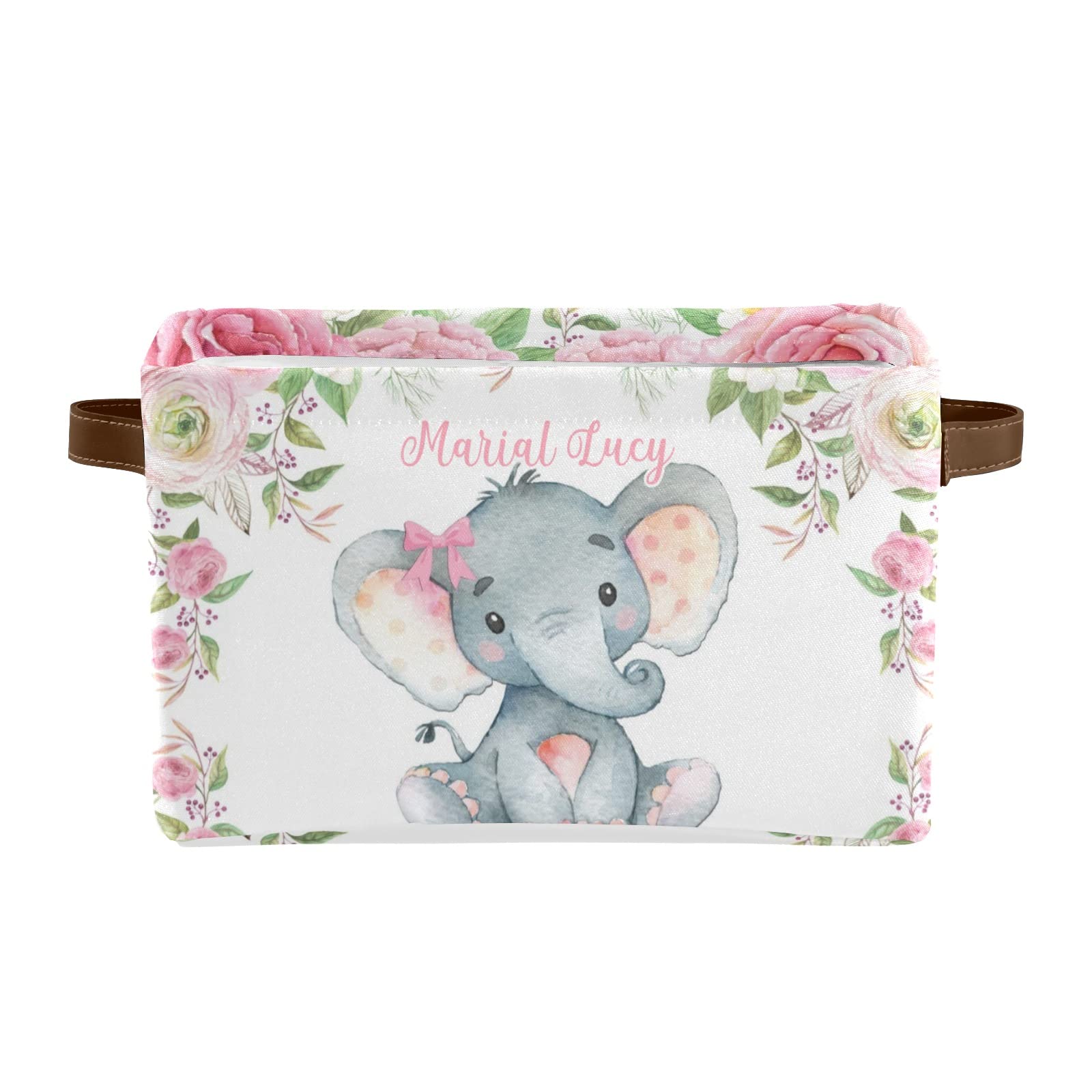 Personalized Pink Roses Elephant Storage Bins - 4 Pack Durable Cube Organizers with Handles for Nursery, Wardrobe, Shelves & Toy Organization | Perfect for Kids' Room Decor & Clutter Control
