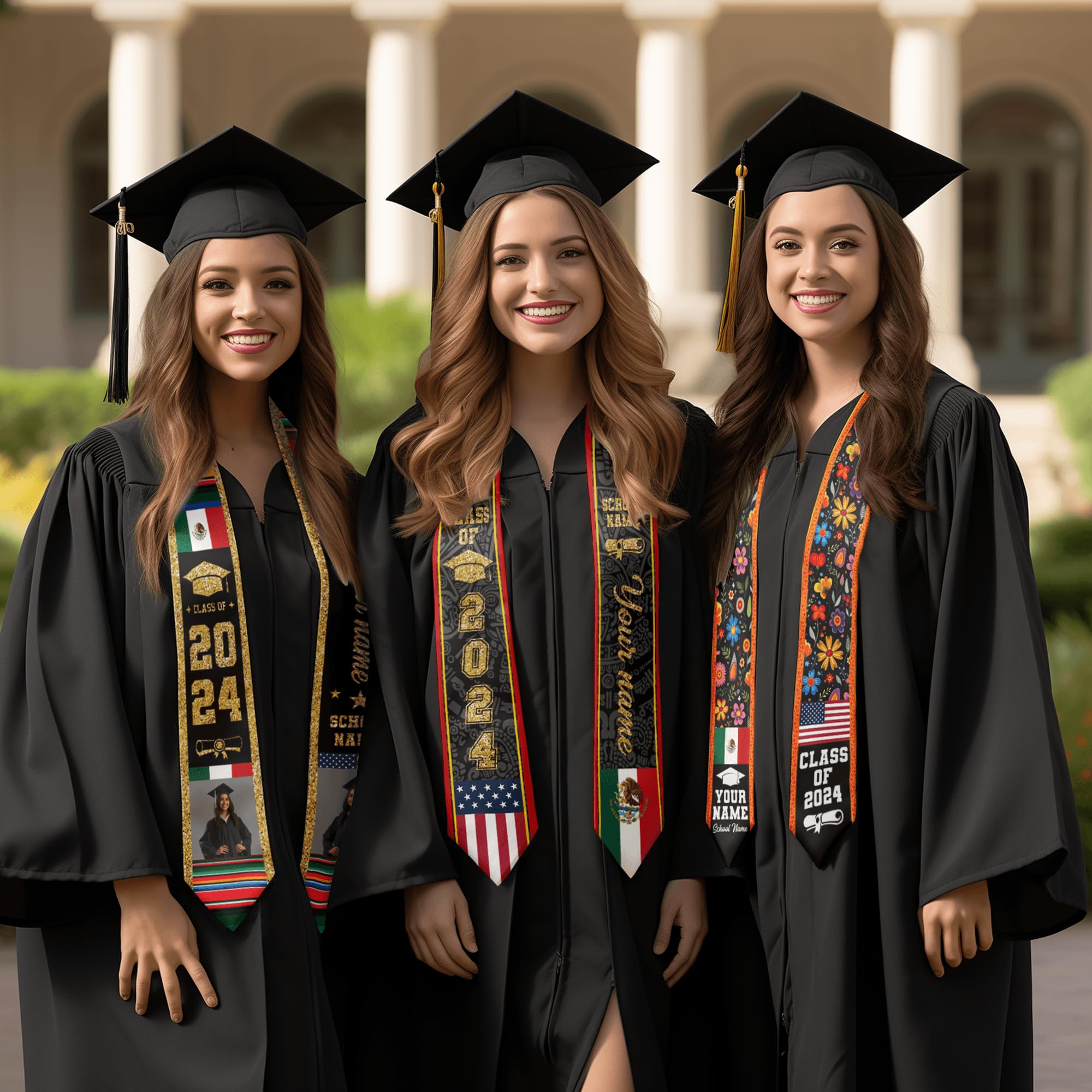 Custom Graduation Stole - Personalized Mexican American Flag Sash for Graduation Ceremony - Perfect for High School, College & University Graduates