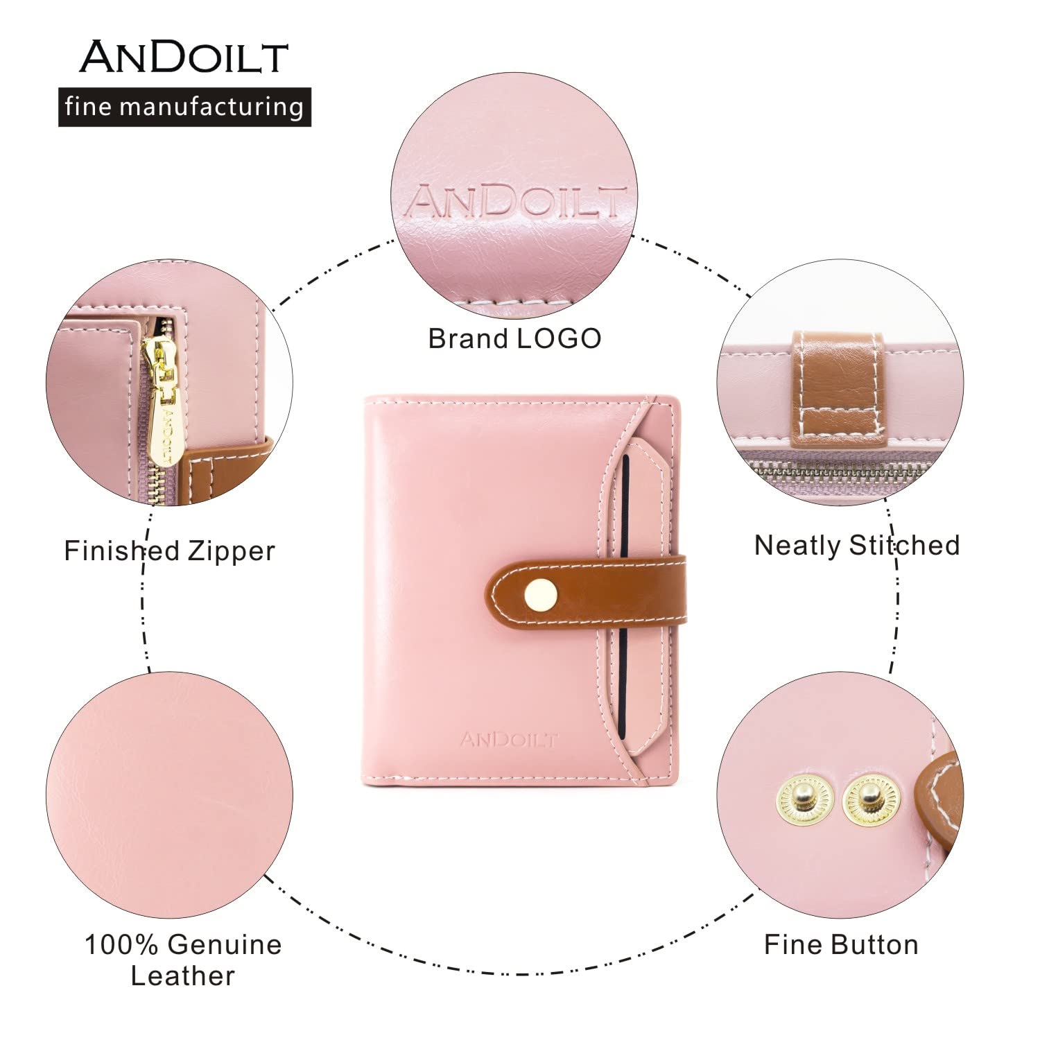 ANDOILT Genuine Leather Women's RFID Blocking Bifold Wallet - Small Slim Card Holder with ID Window & Coin Pocket, Pink | Perfect for Everyday Use, Travel & Gift Giving