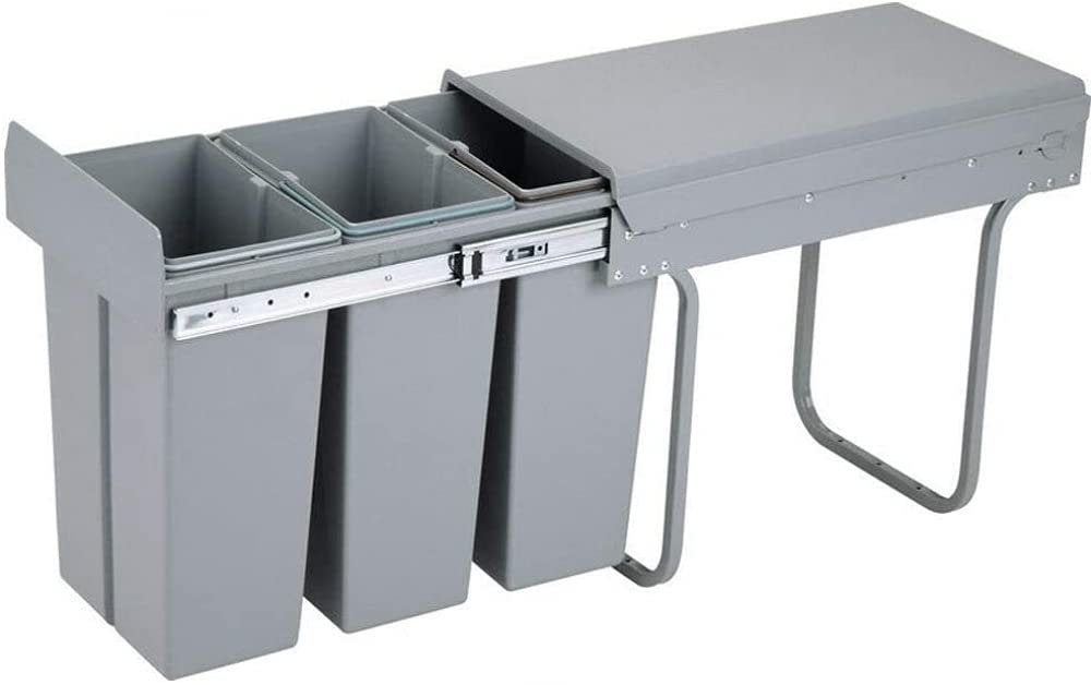 YEstge 3-Compartment Built-In Kitchen Trash Can - 3x10L Under Cabinet Waste Bin with Lid, Space-Saving Gray Trash Bin for Home & Office Use | Perfect for Recycling, Food Waste & General Trash Separation